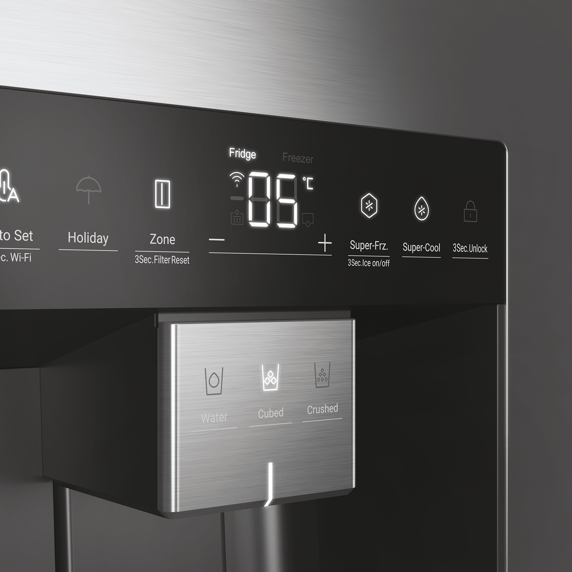 Ein schwarzes Kühlschrank-Bedienfeld mit beleuchteten weißen Touch-Tasten und Temperaturanzeige.