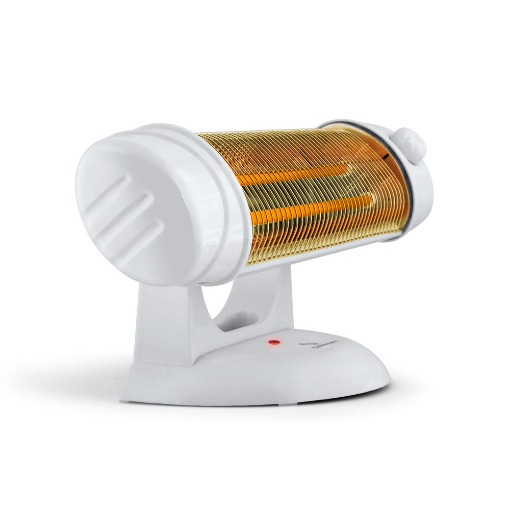 Ein weißer Elektroheizer mit goldener Schutzgitter und oranger Heizröhre auf weißem Hintergrund.