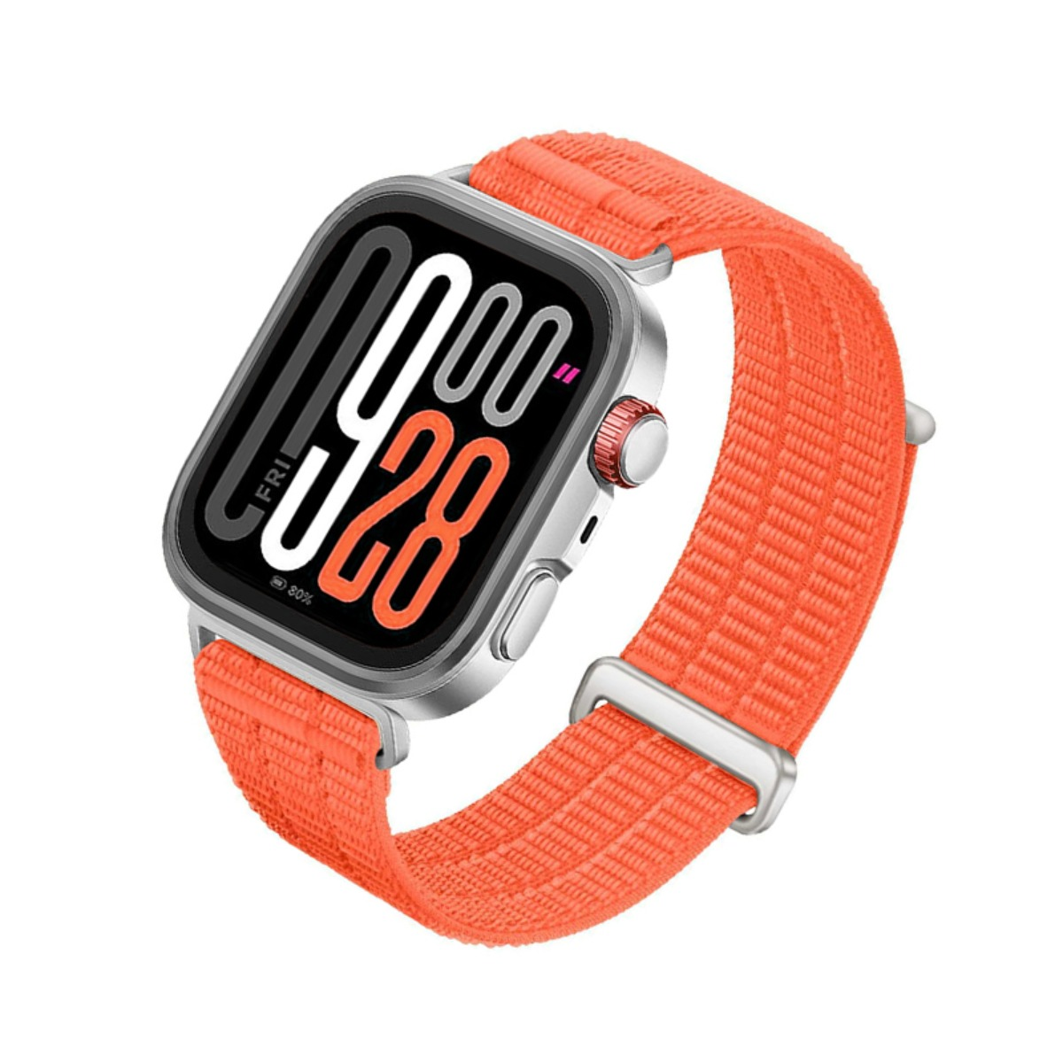 Eine silberne Smartwatch mit einem leuchtend orangen Stoffarmband und digitalem Zifferblatt auf weißem Grund.