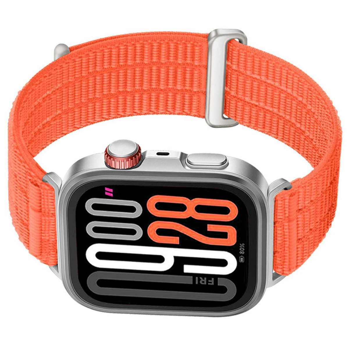 Eine Smartwatch mit silbernem Gehäuse und einem leuchtend orangen Stoffarmband vor weißem Hintergrund.