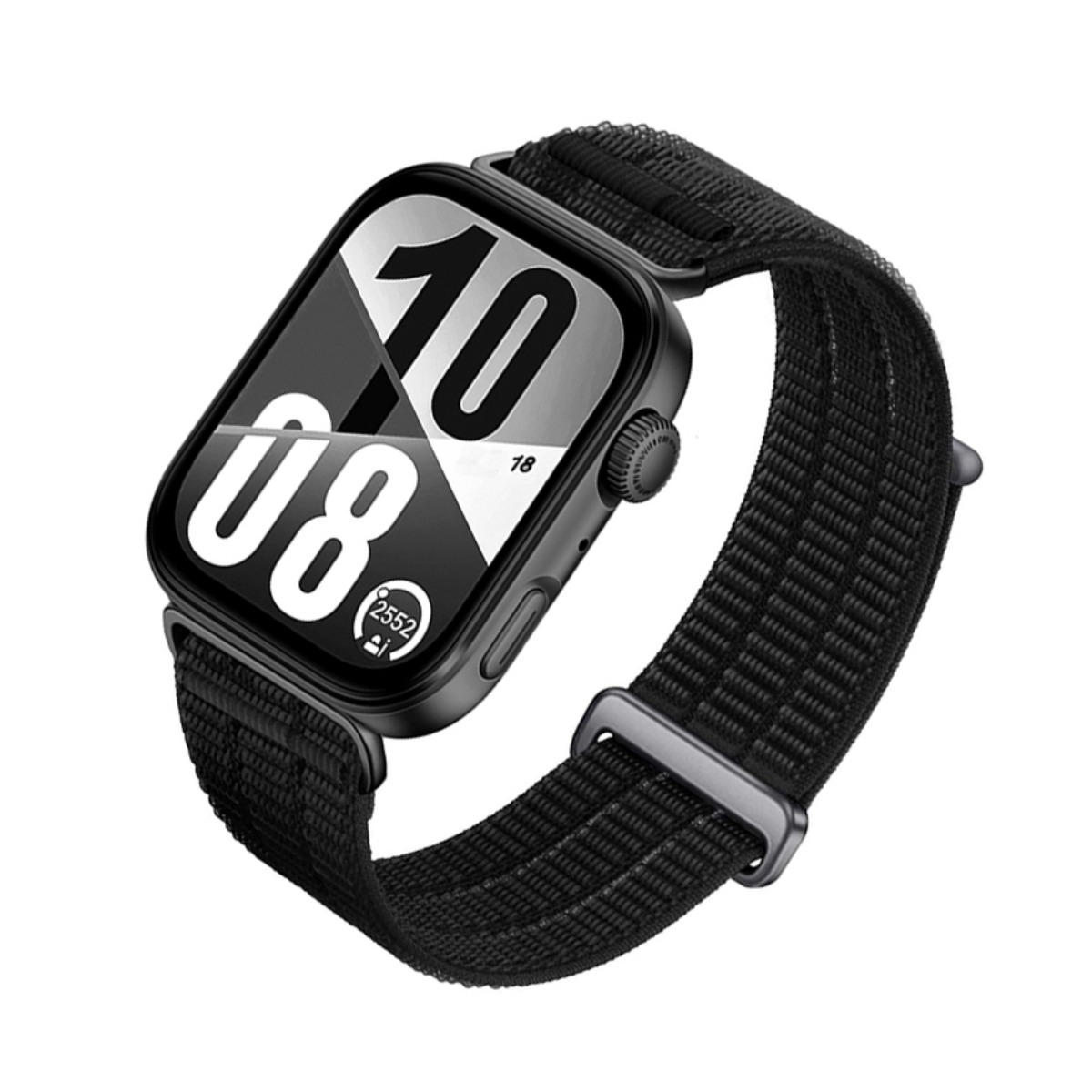 Schwarze Smartwatch mit Stoffarmband und digitaler Anzeige gegen weißen Hintergrund.