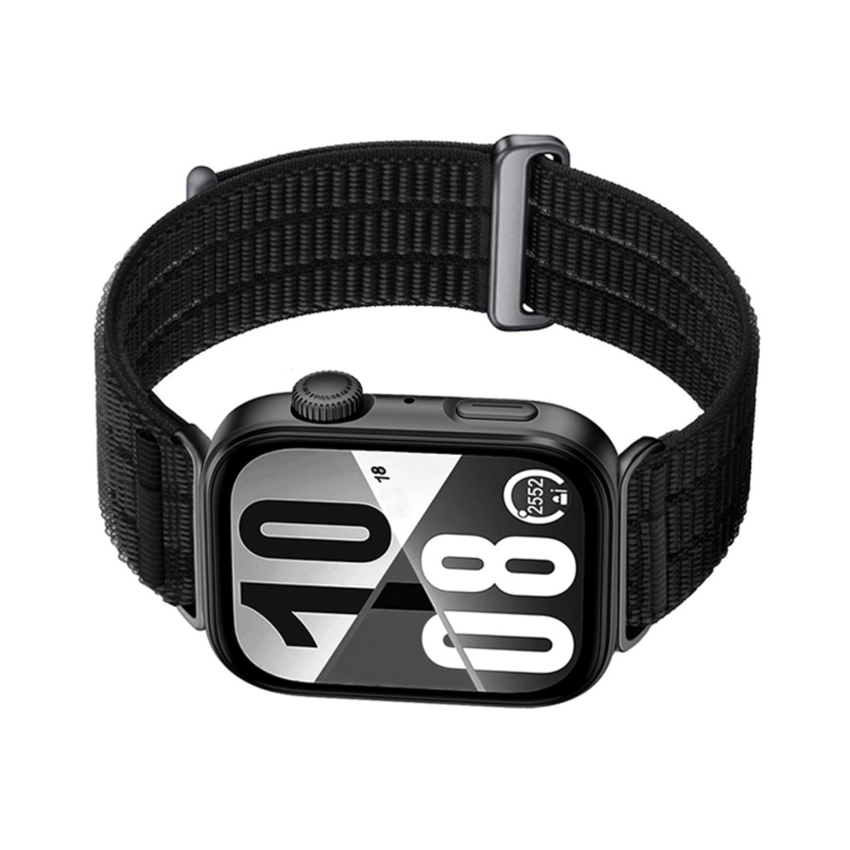 Eine schwarze Smartwatch mit gewebtem Nylonarmband und digitaler Anzeige der Uhrzeit 10:08 auf weißem Grund.