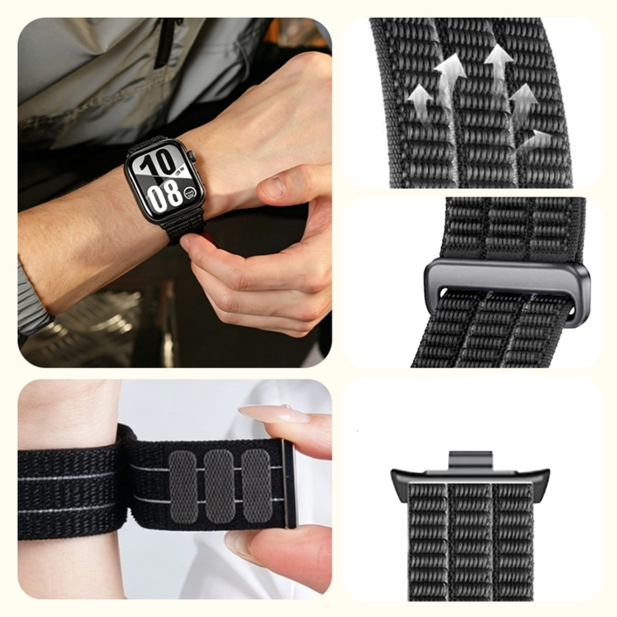 Vier Bilder zeigen ein schwarzes Smartwatch-Armband mit verstaerkten Schlaufen und Metallschnalle am Handgelenk.