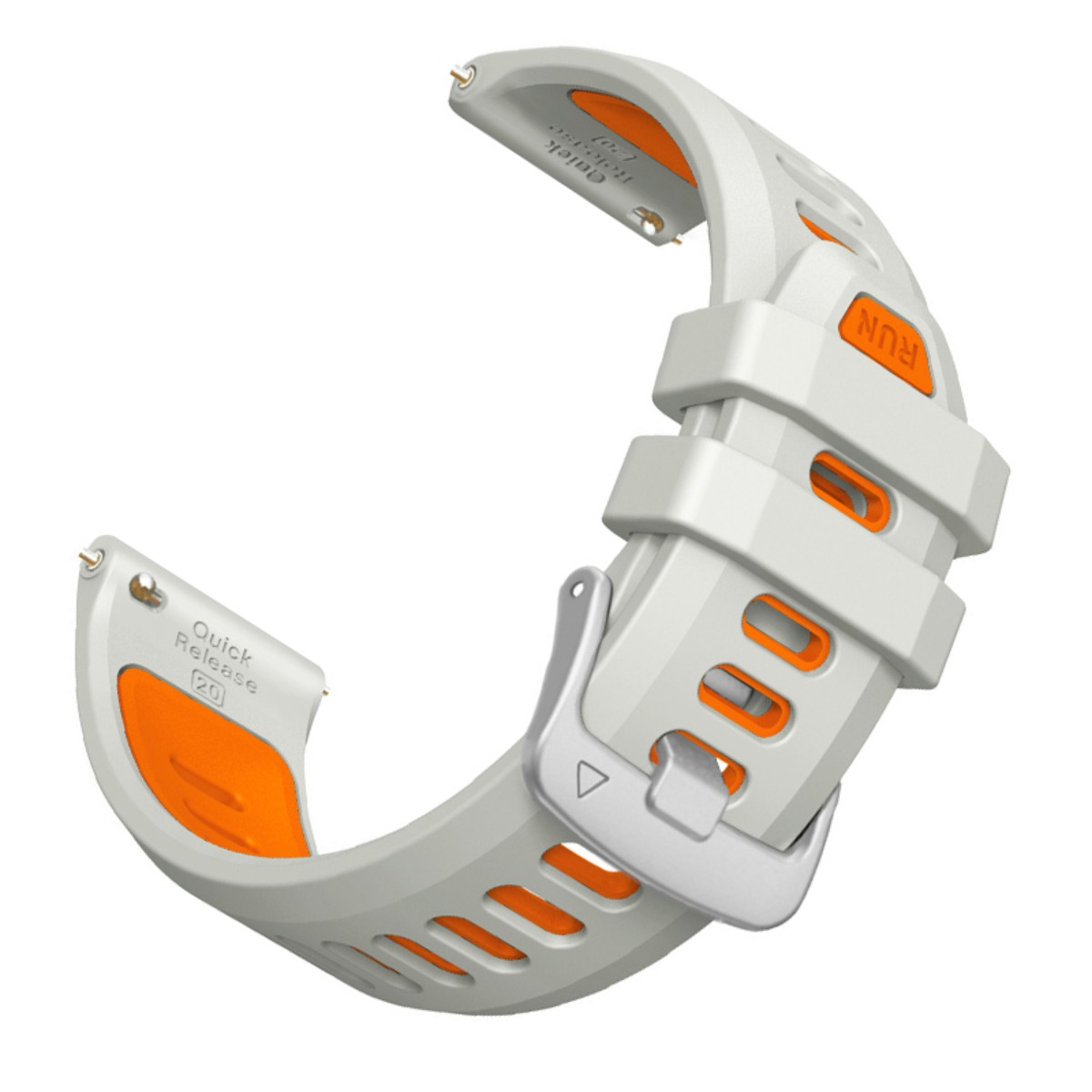 Gebogenes weiß-oranges Silikon-Uhrenarmband mit Schnellverschlussstiften und Schnalle vor schlichtem Hintergrund.