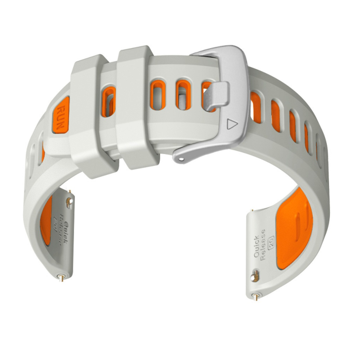 Graues Silikon-Uhrenarmband mit leuchtend orangen Akzenten und einer silbernen Schnalle auf weißem Hintergrund.