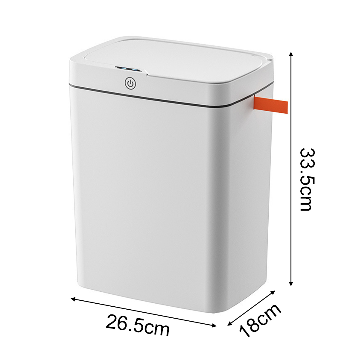 Weißer Mülleimer mit Maßen: 33,5 cm Höhe, 26,5 cm Breite, 18 cm Tiefe.