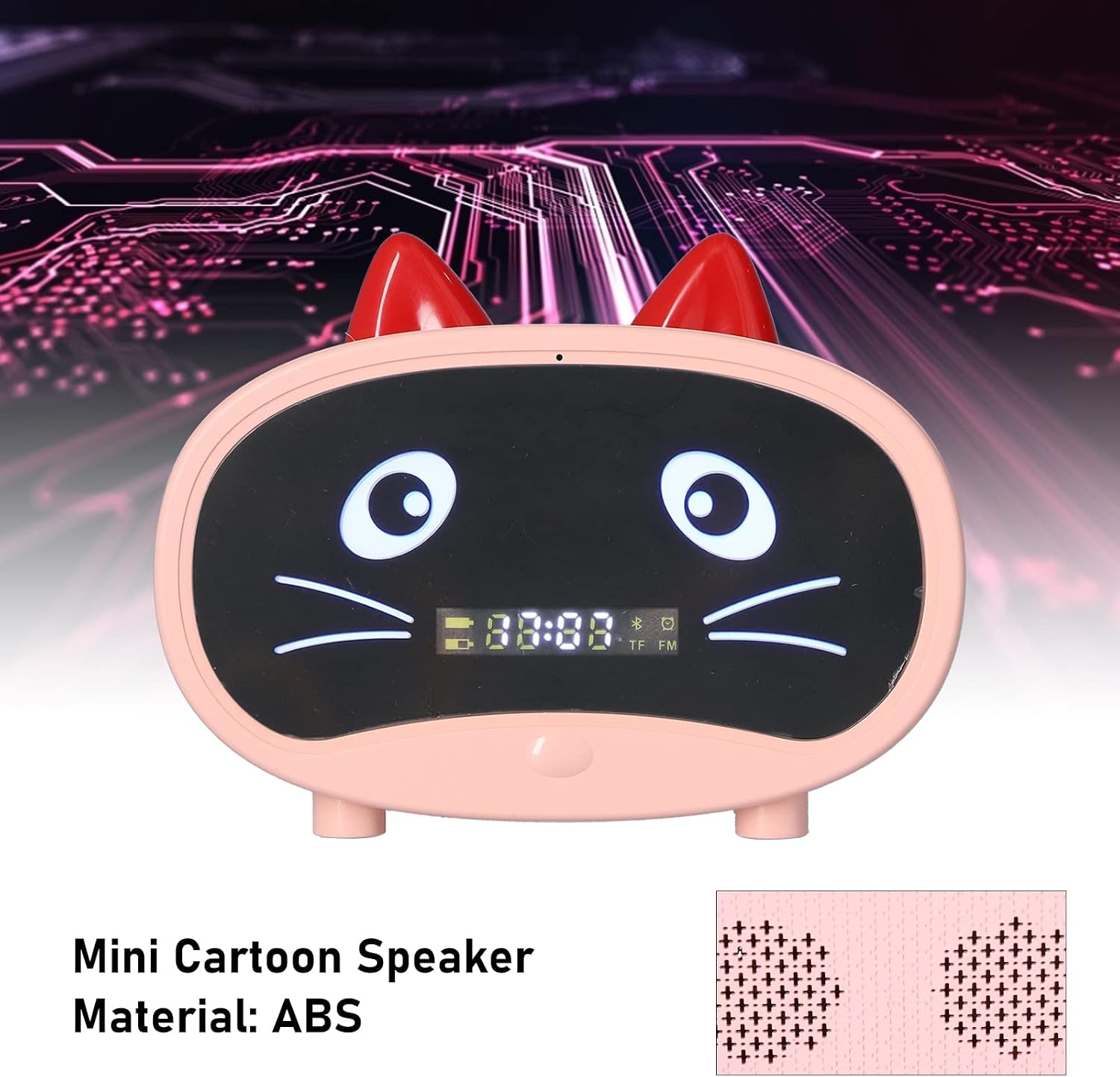 Rosa katzenförmiger Mini-Cartoon-Lautsprecher mit Digitalanzeige, leuchtenden Augen und roten Ohren vor digitalem Hintergrund.