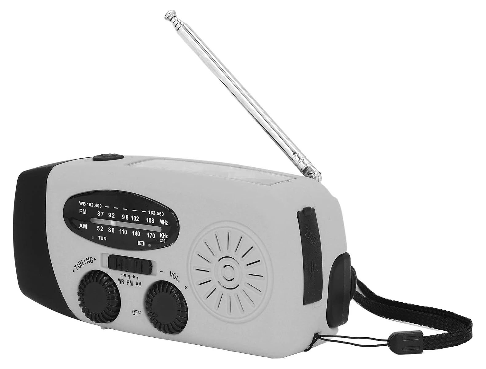 Ein graues und schwarzes Notfallradio mit ausziehbarer Antenne, analogen Reglern und integriertem Lautsprecher.