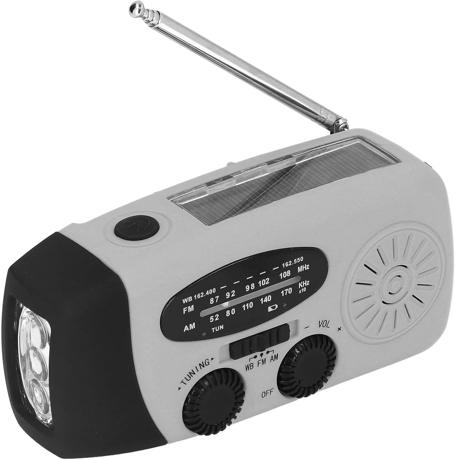 Tragbares Notfall-Radio mit Solarmodul, ausziehbarer Antenne, eingebauter Taschenlampe und Lautsprecher auf grauer Skala.