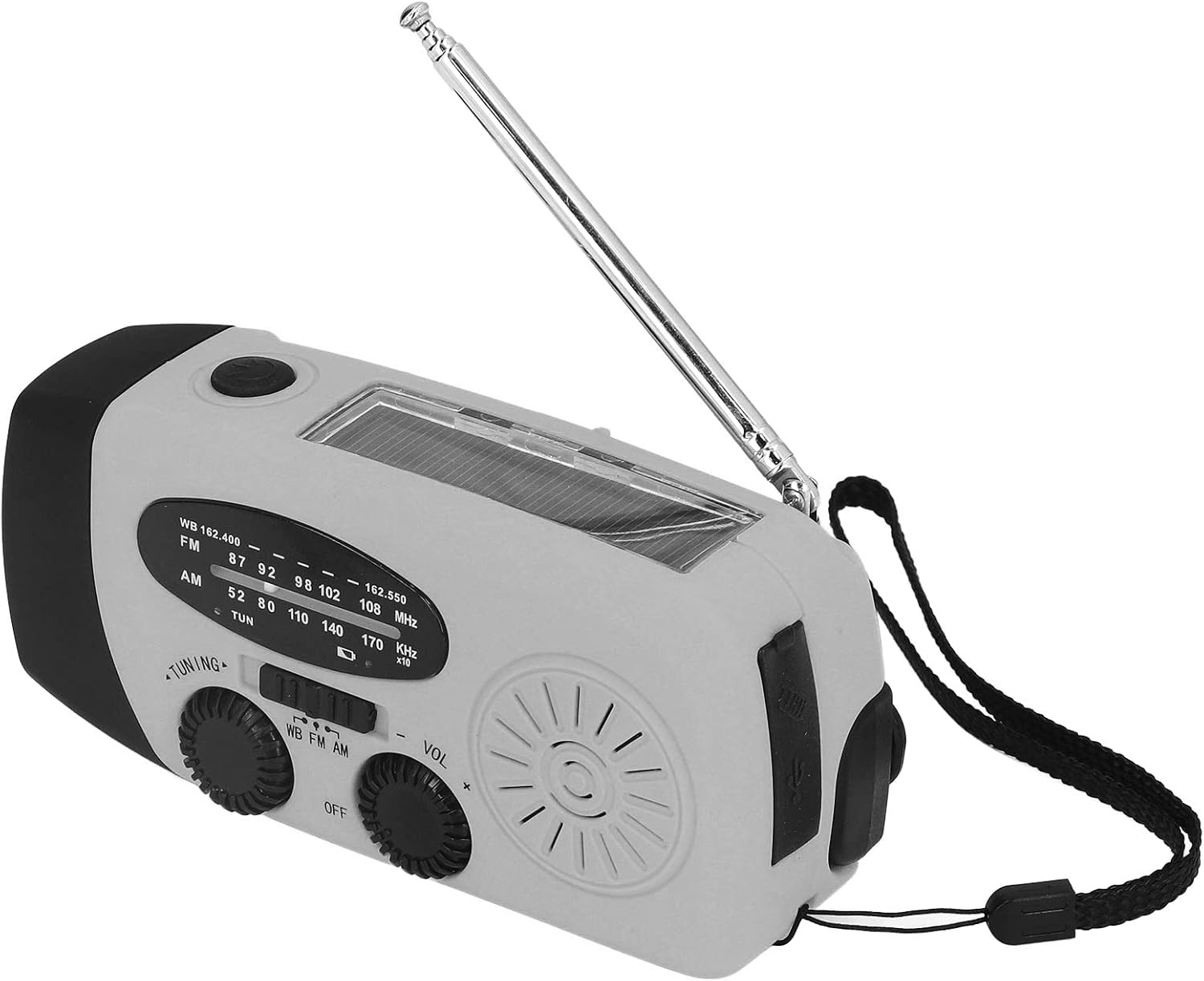Graues Notradio mit Handkurbel, Antenne und Solarzelle.