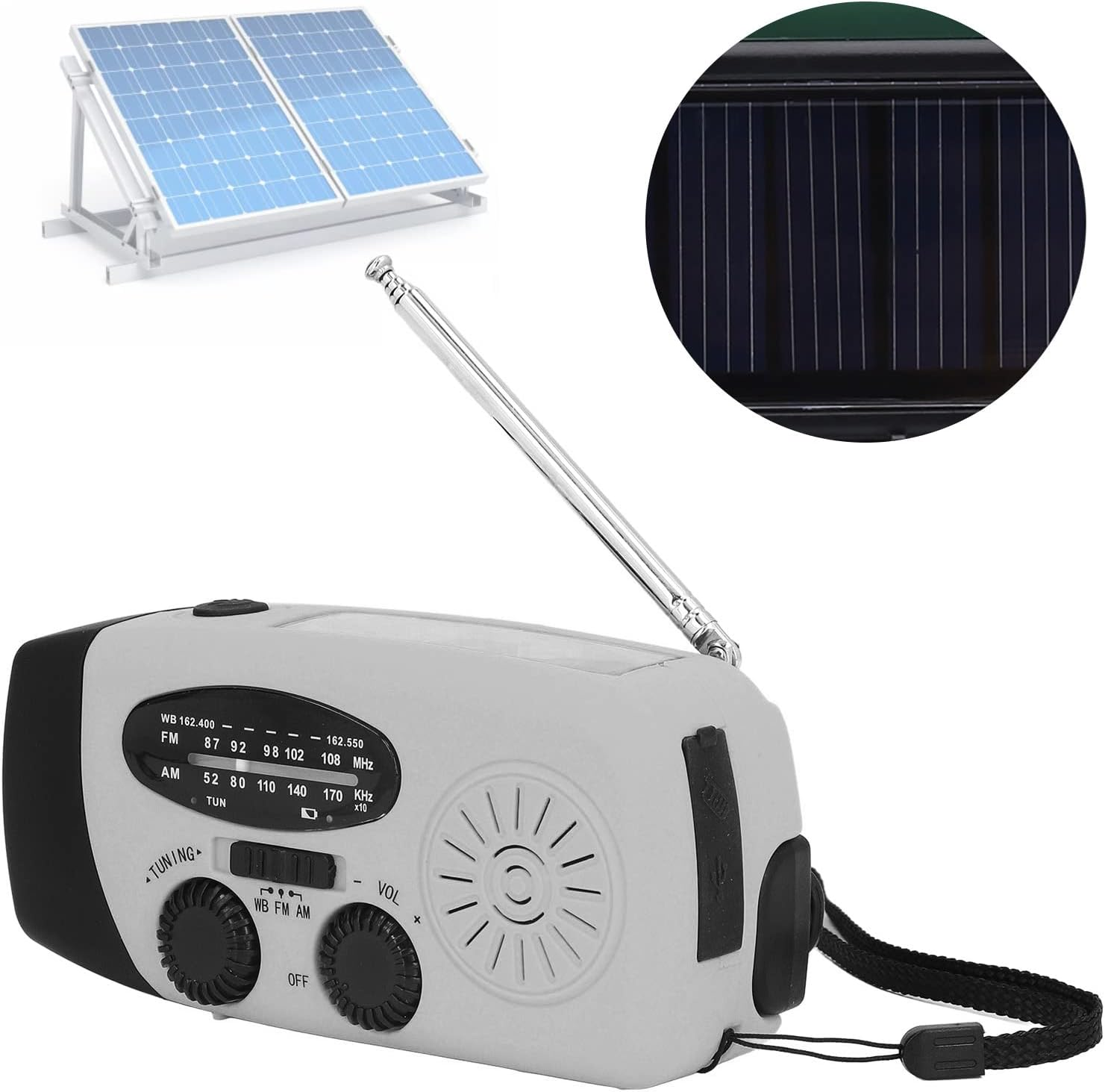 Ein graues Kurbelradio mit Antenne, Lautsprecher, Drehreglern und einem separaten Solarpanel oben.