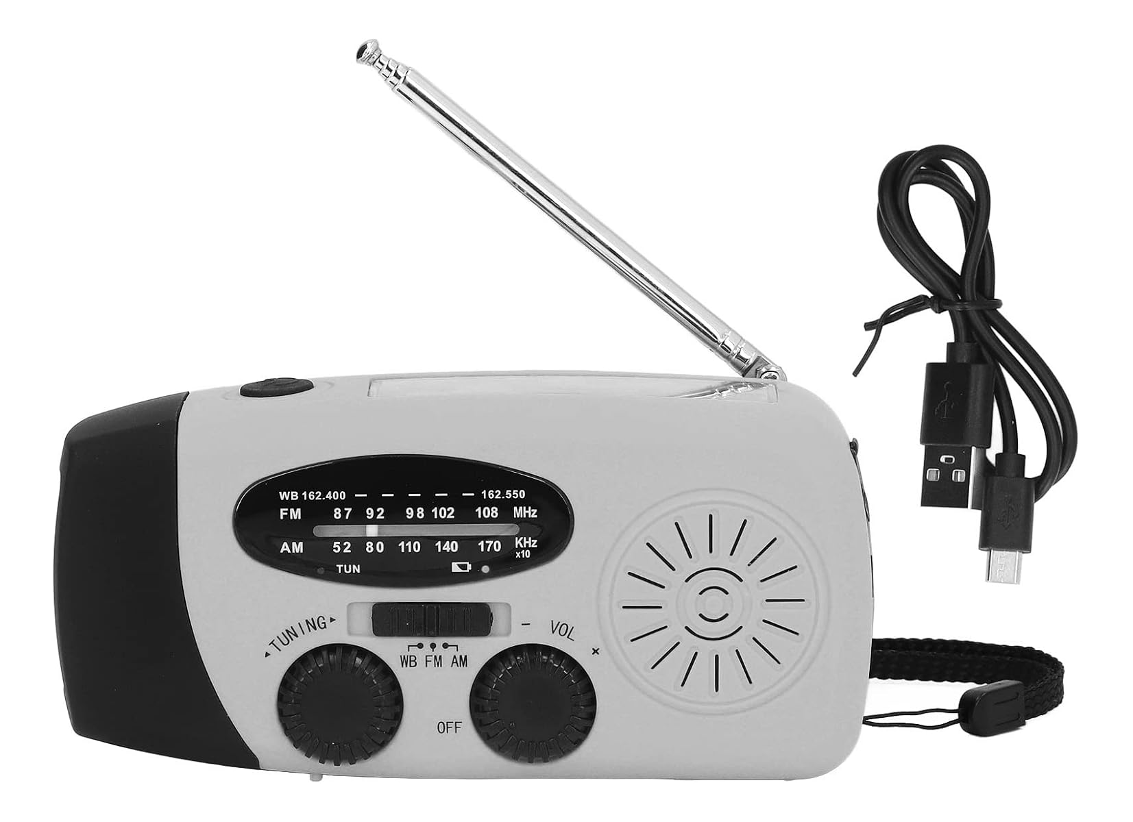 Tragbares Notfallradio in Grau und Schwarz mit Antenne, Lautsprecher, Drehreglern und einem USB-Ladekabel.