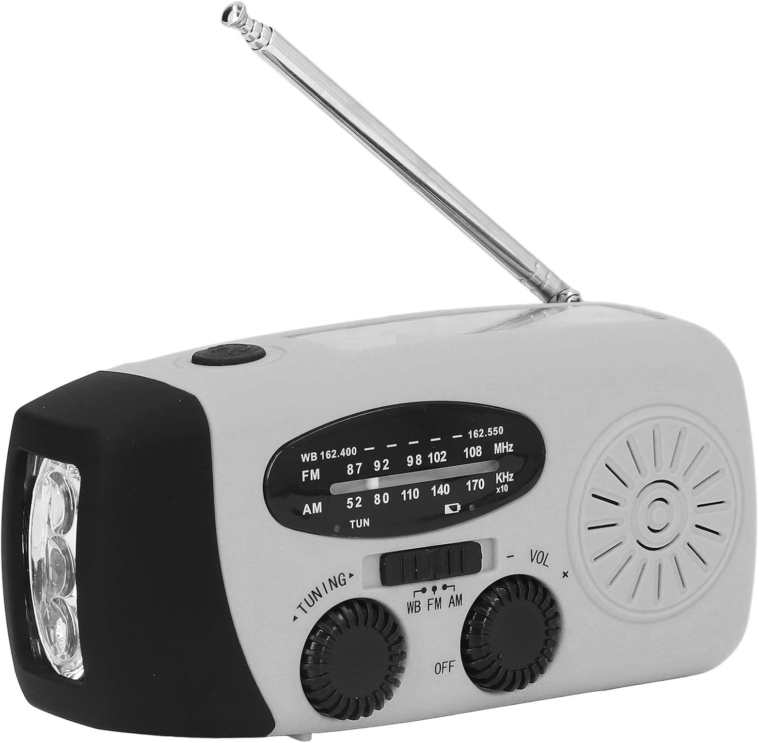 Ein grau-schwarzes Notrufradio mit Antenne, Taschenlampe, Senderwahl, Lautstärkeregler und Lautsprecher.