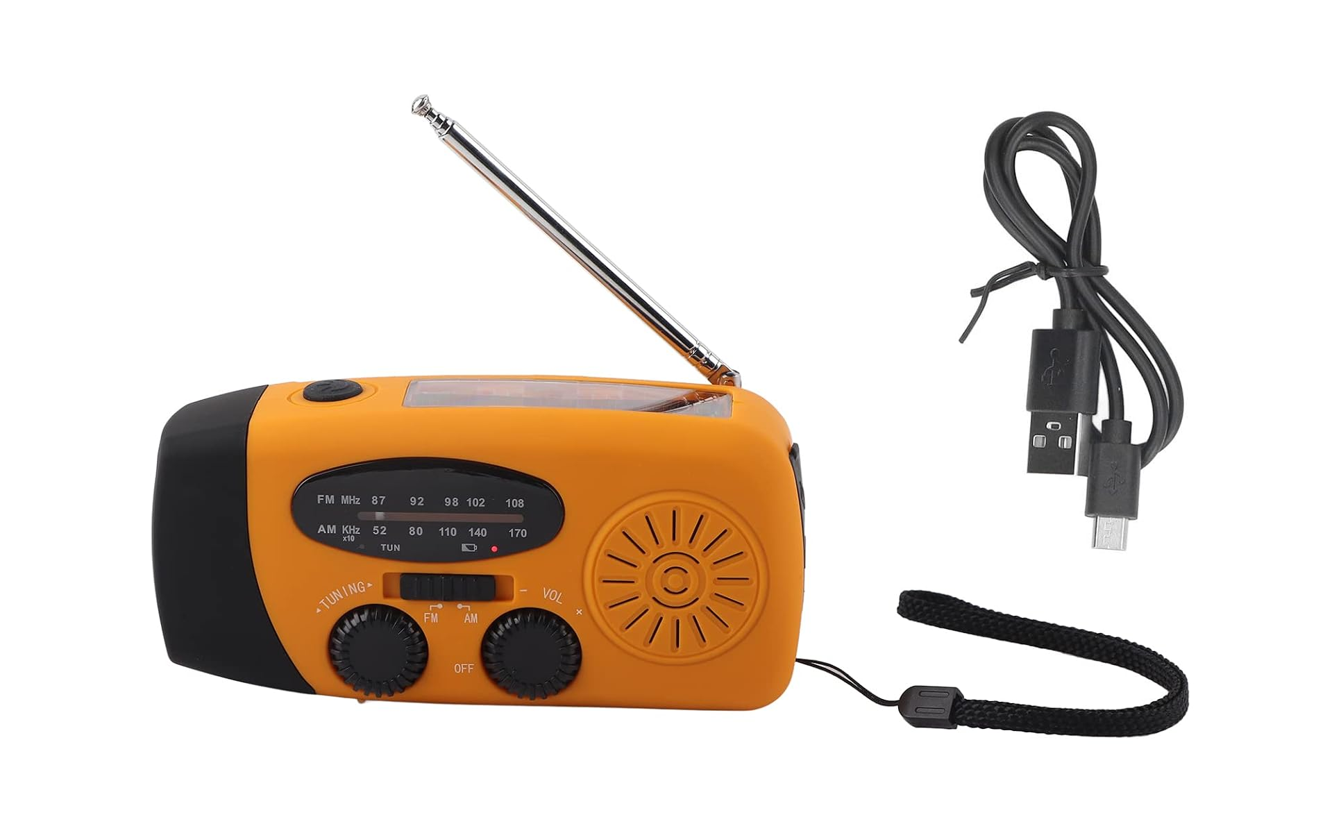 Ein orangefarbenes Notfallradio mit Antenne, Lautsprecher, Einstellreglern, schwarzem Riemen und Ladekabel.