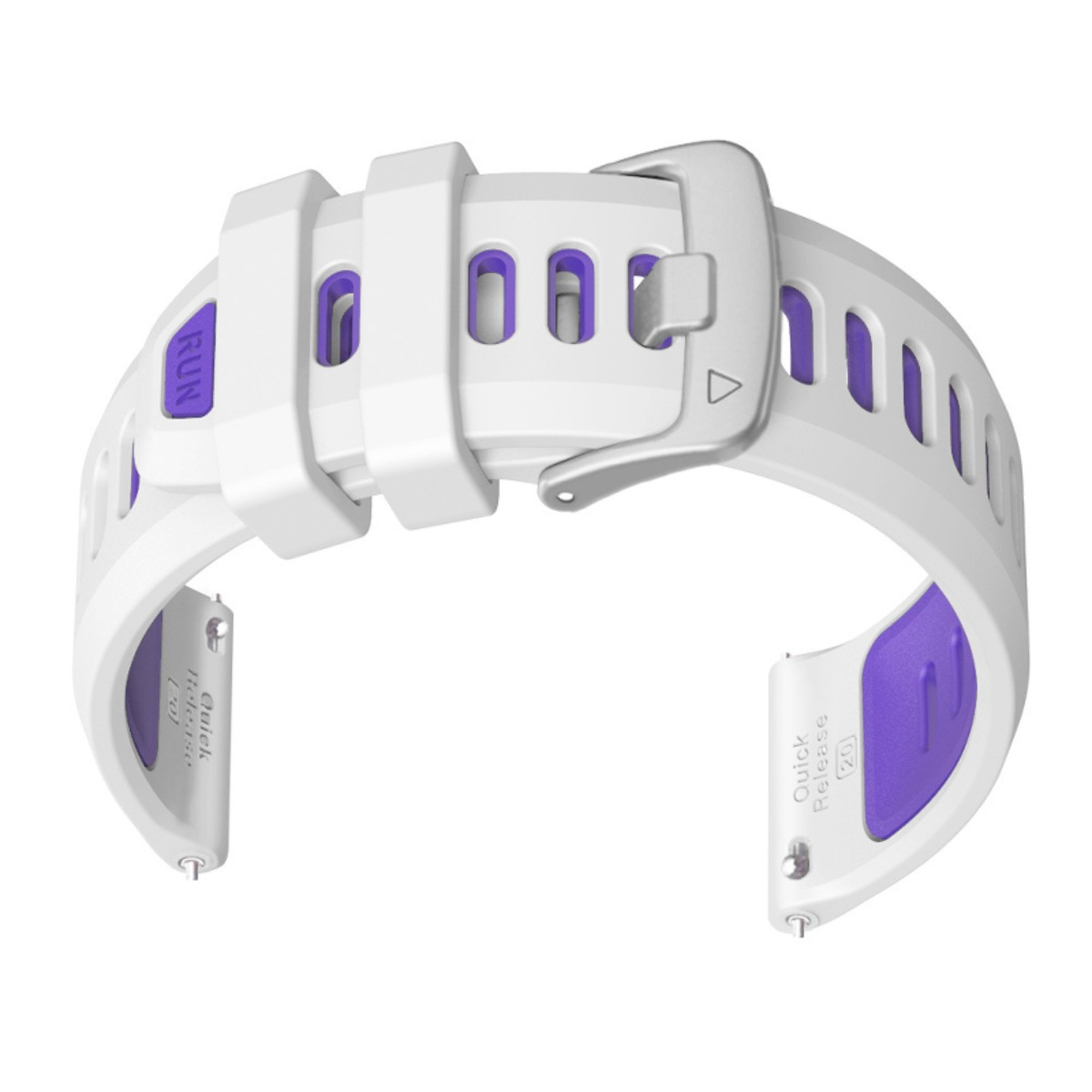 Weißes Silikon-Smartwatch-Armband mit violetten Details, silberner Schließe und integrierten Schnellverschluss-Pins.