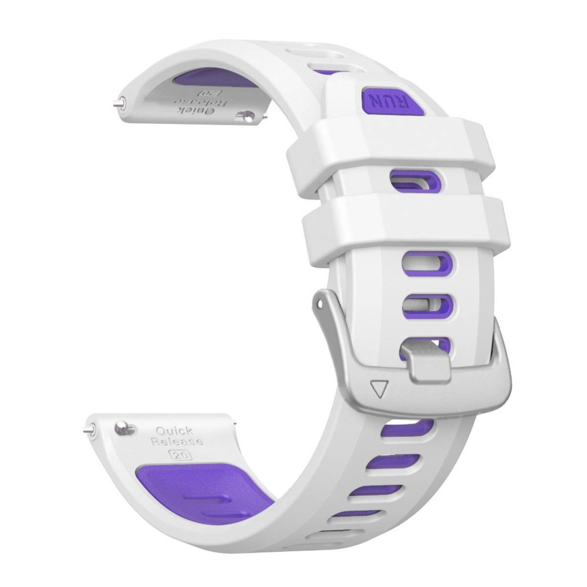 Ein weißes Silikon-Uhrenarmband mit violetten Akzenten und einer silbernen Schließe.
