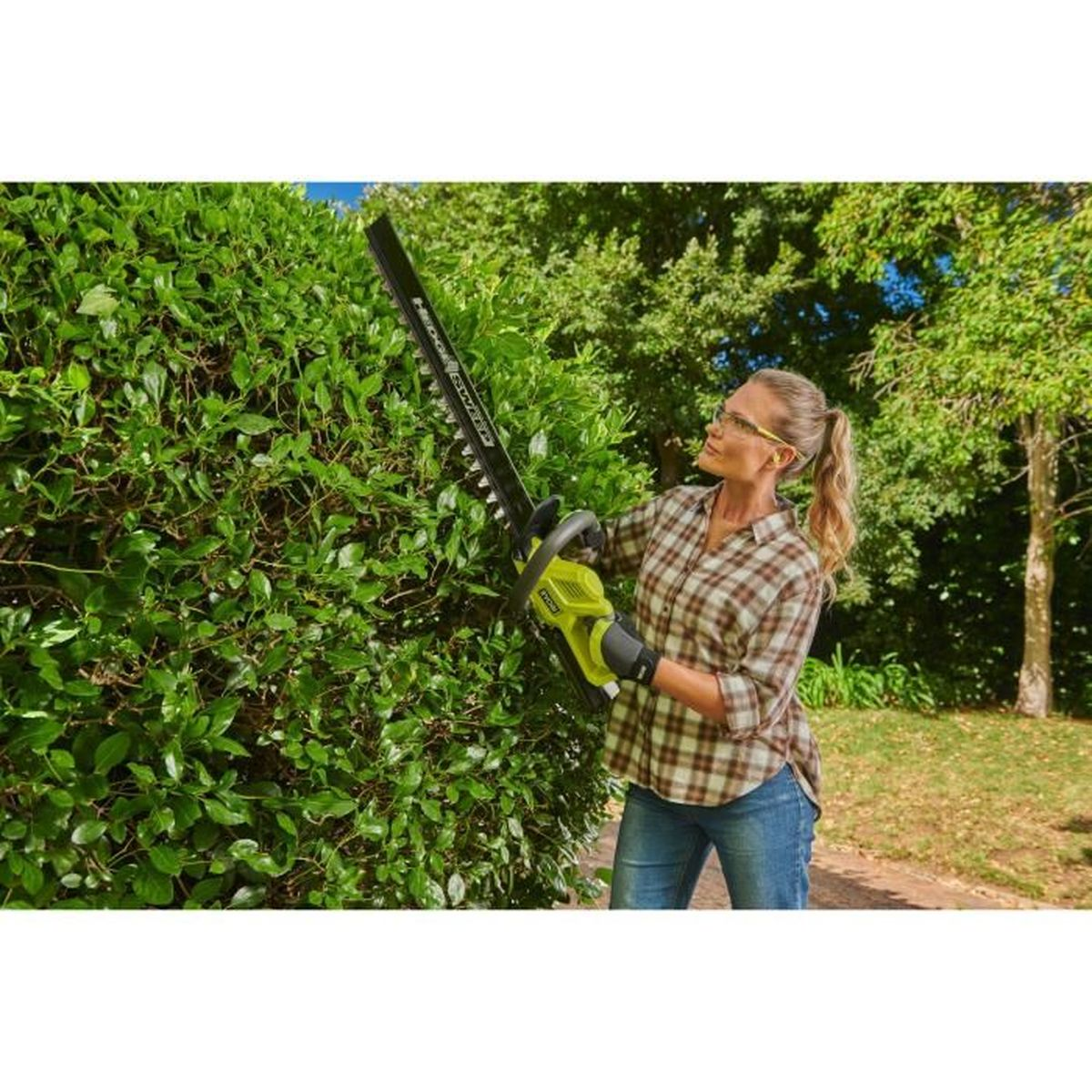 Eine Frau im Karohemd schneidet in einem sonnigen Garten eine grüne Hecke mit einer Heckenschere.