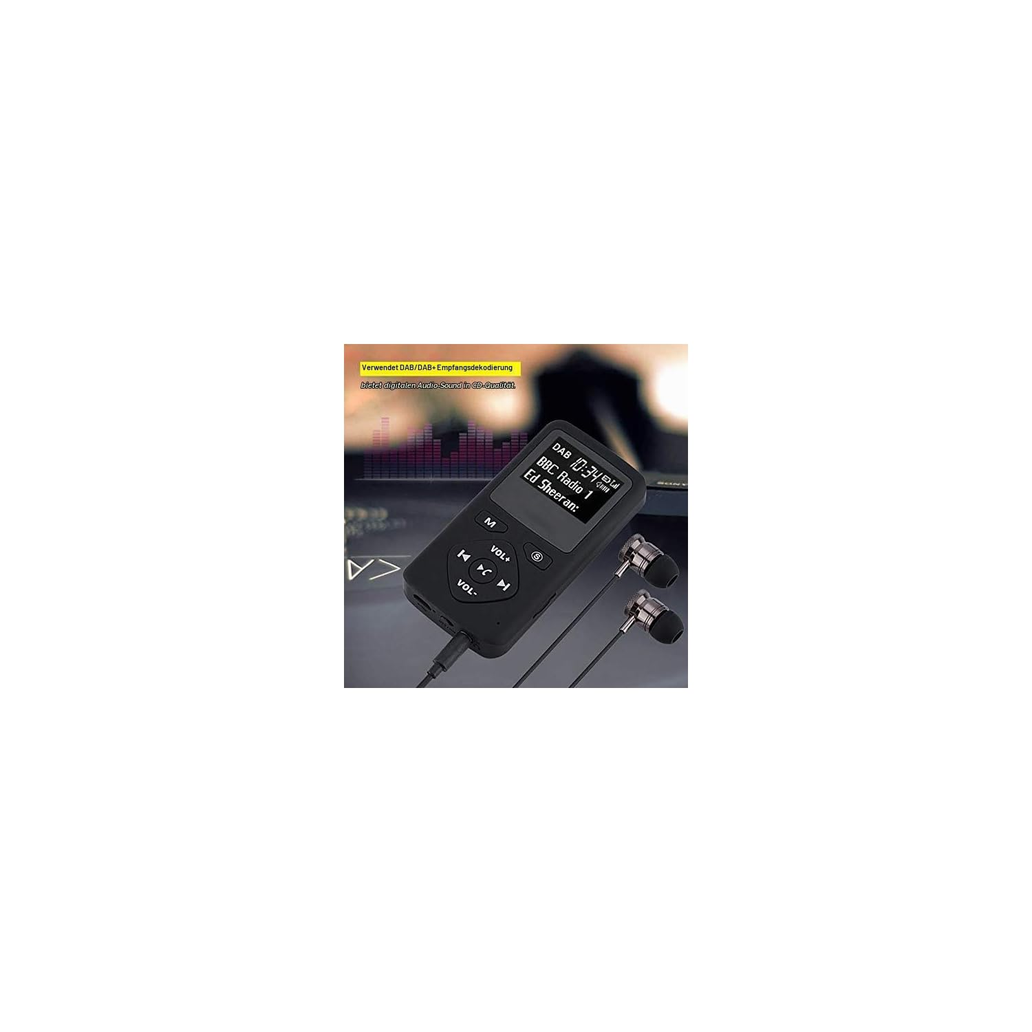 Schwarzes DAB-Radio mit Display und Kopfhörern.
