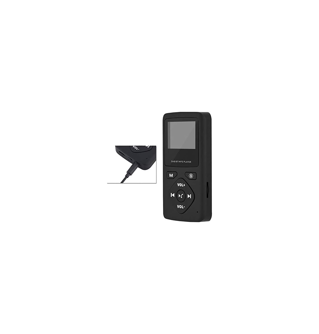 Ein schwarzer tragbarer DAB/BT/MP3-Player mit Knöpfen und einem Bildschirm, Kopfhörer eingesteckt.