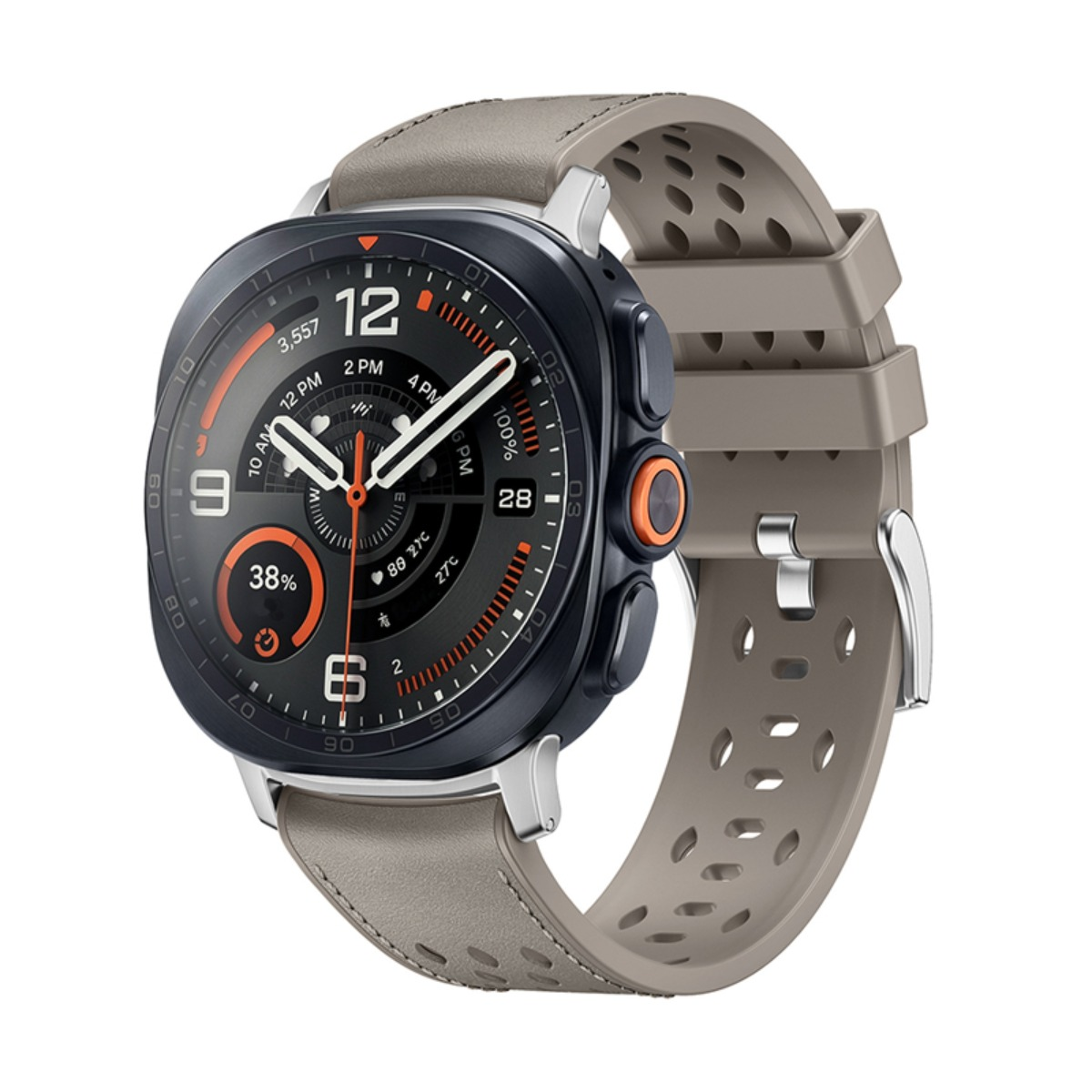 Eine elegante Smartwatch mit schwarzem Gehäuse, orangefarbenen Akzenten und einem grauen Locharmband.