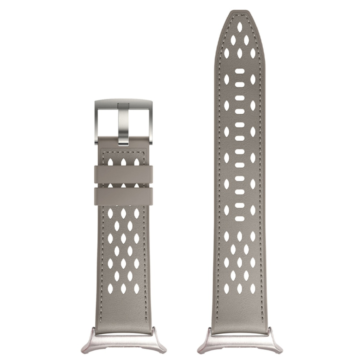 Graues perforiertes Uhrenarmband aus Leder mit Metallschnalle.