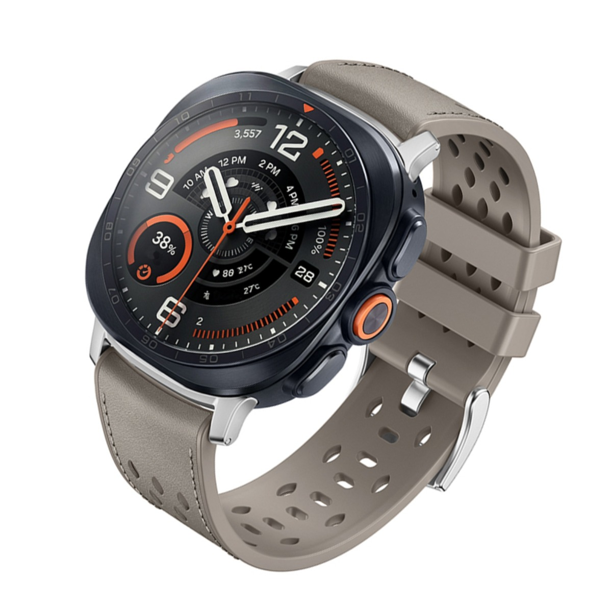Eine schwarze Smartwatch mit rundem Display und einem genutzten, grauen Silikonarmband auf weißem Hintergrund.