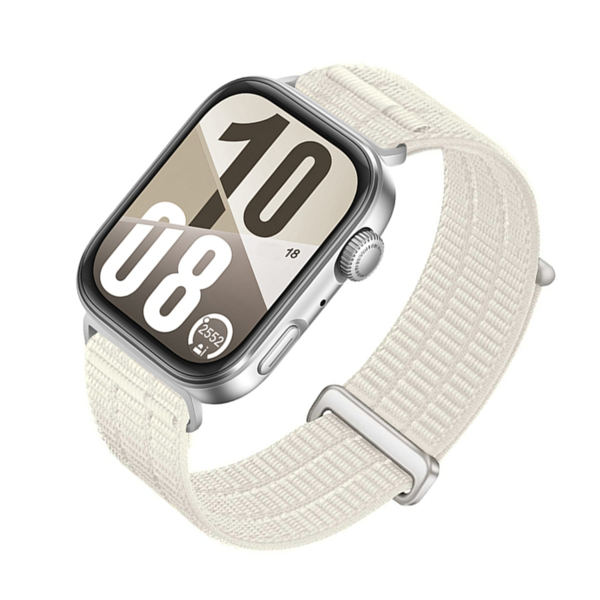 Eine silberne Smartwatch mit cremefarbenem Stoffarmband zeigt auf dem Zifferblatt die Uhrzeit 10:08.