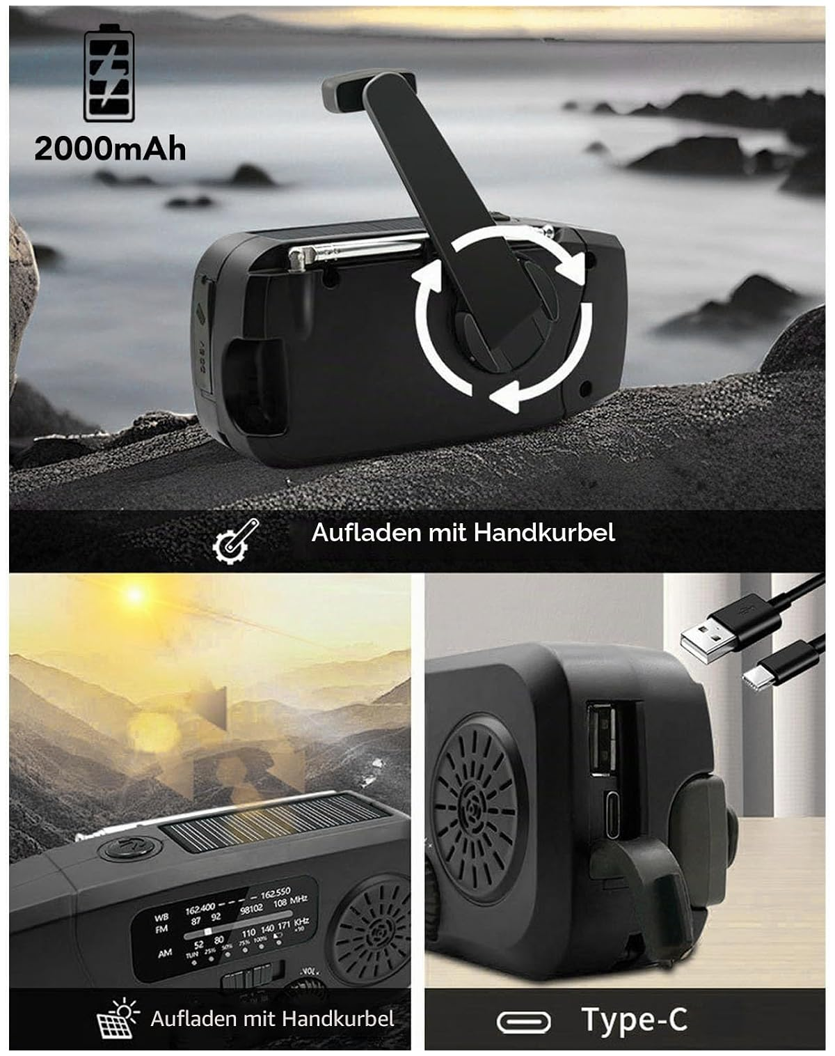 Schwarzes Notfallradio mit Handkurbel, Solarmodul, 2000mAh Akku und Type-C Ladeanschluss.
