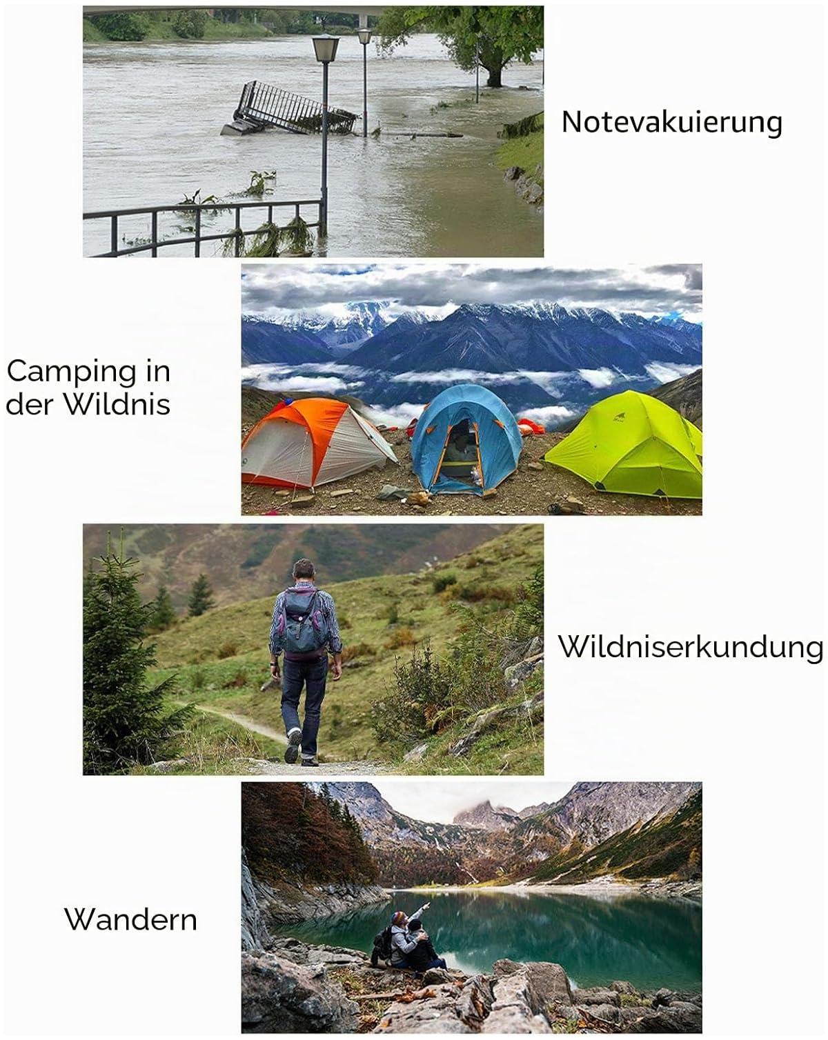 Vier Bilder: Hochwasser, Zelte in den Bergen, Wanderer und Menschen am Bergsee.