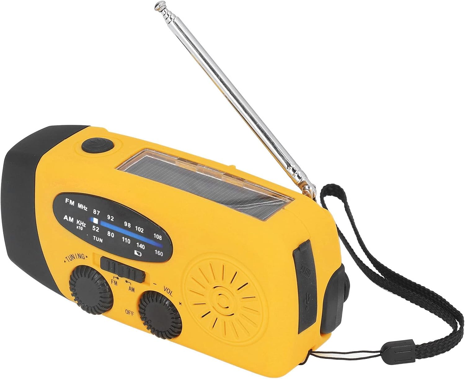 Gelbes Notfallradio mit ausziehbarer Antenne, Solarpanel, Lautsprecher, Knöpfen und Trageschlaufe vor weißem Hintergrund.