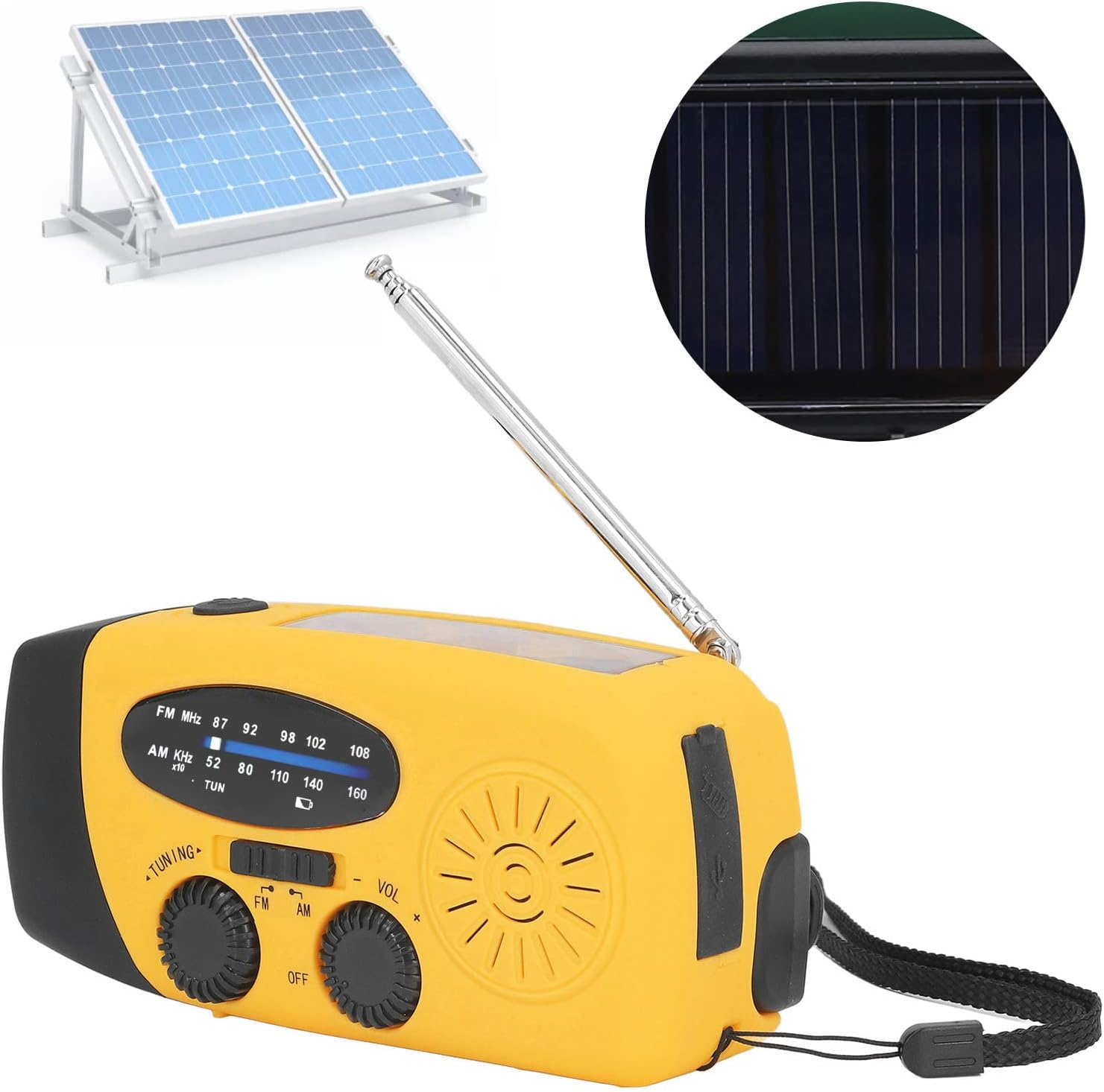 Gelbes Notfall-Kurbelradio mit Antenne, integriertem Solarpanel und externem Solarmodul oben.