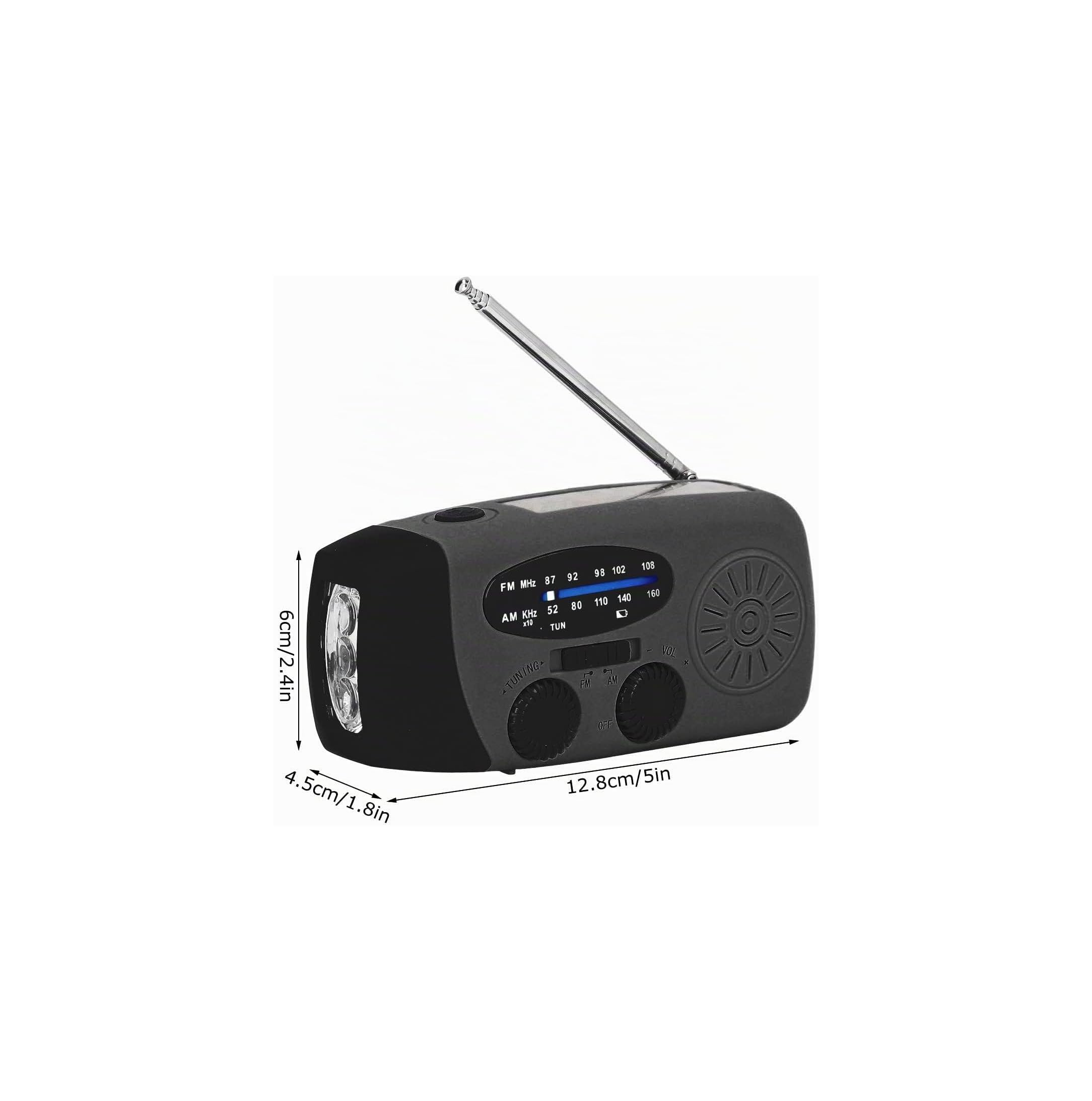 Kompaktes Notfallradio mit LED-Taschenlampe, Antenne und Messangaben in Grau und Schwarz.
