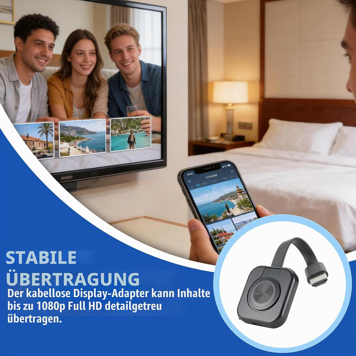 Ein Smartphone überträgt Urlaubsfotos drahtlos von einer App auf einen großen Fernseher im Schlafzimmer.