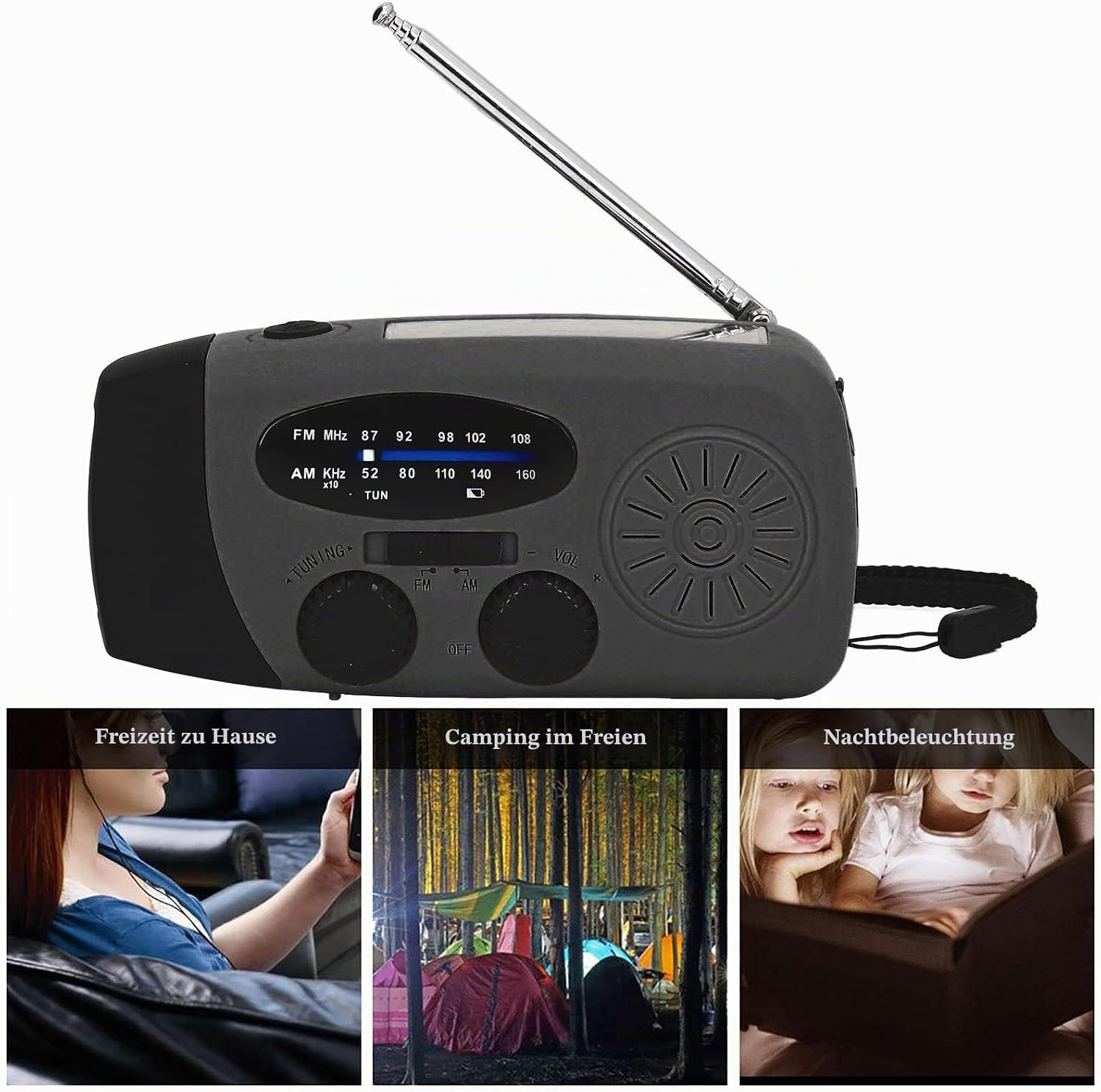 Graues Notfallradio mit Antenne und integrierter Lampe, gezeigt mit Anwendungsbeispielen wie Camping und Lesen.