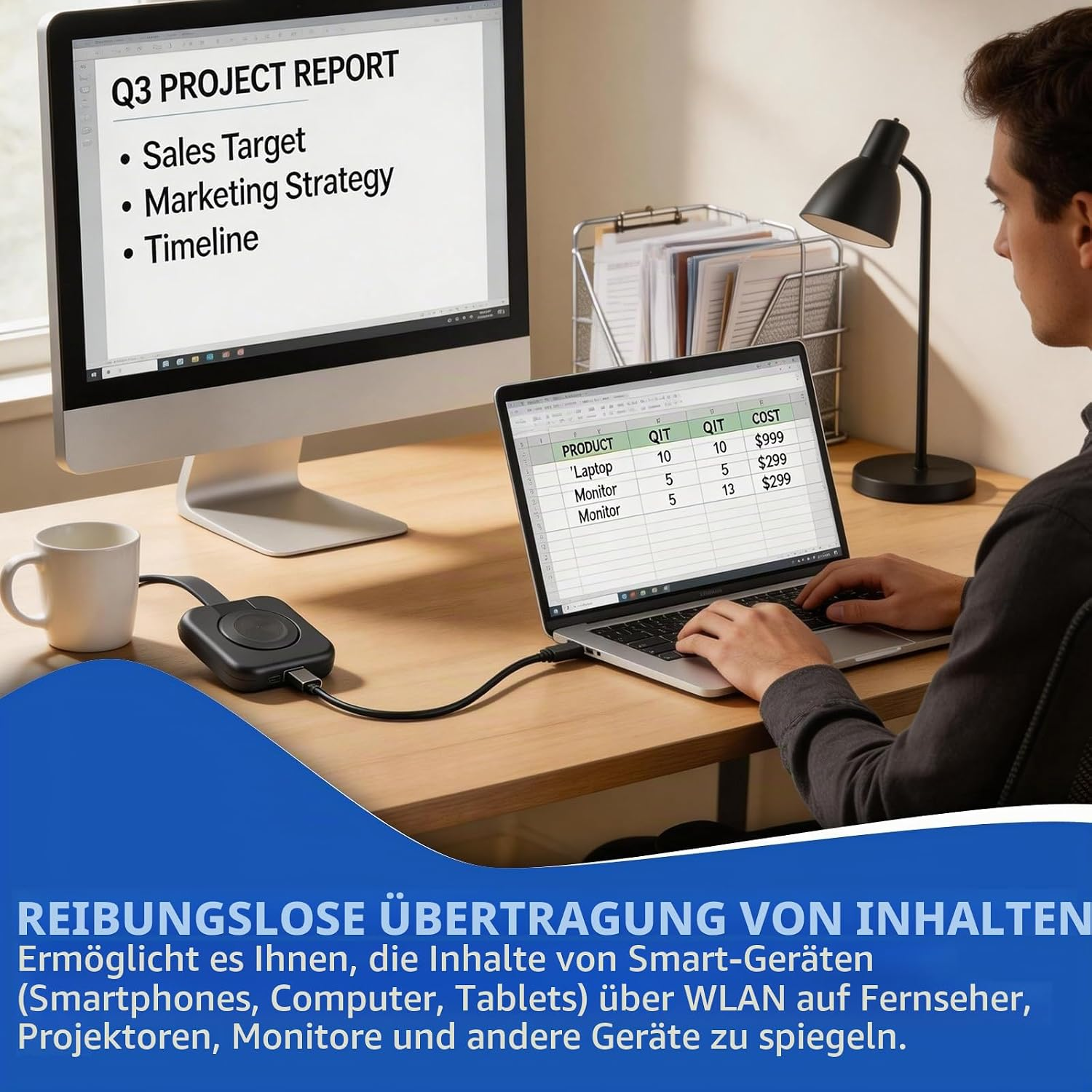 Ein Mann sitzt an einem Holztisch vor einem Laptop und Monitor. Ein Text unten beschreibt die WLAN-Übertragung.