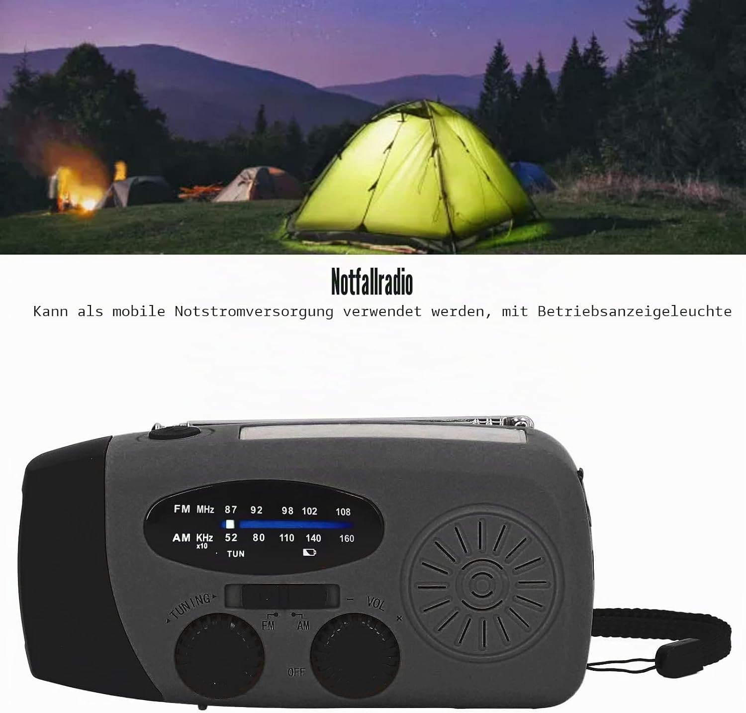 Ein graues Notfallradio mit analoger Skala, Lautsprecher, Knöpfen und Handschlaufe, platziert vor einem Campingbild.
