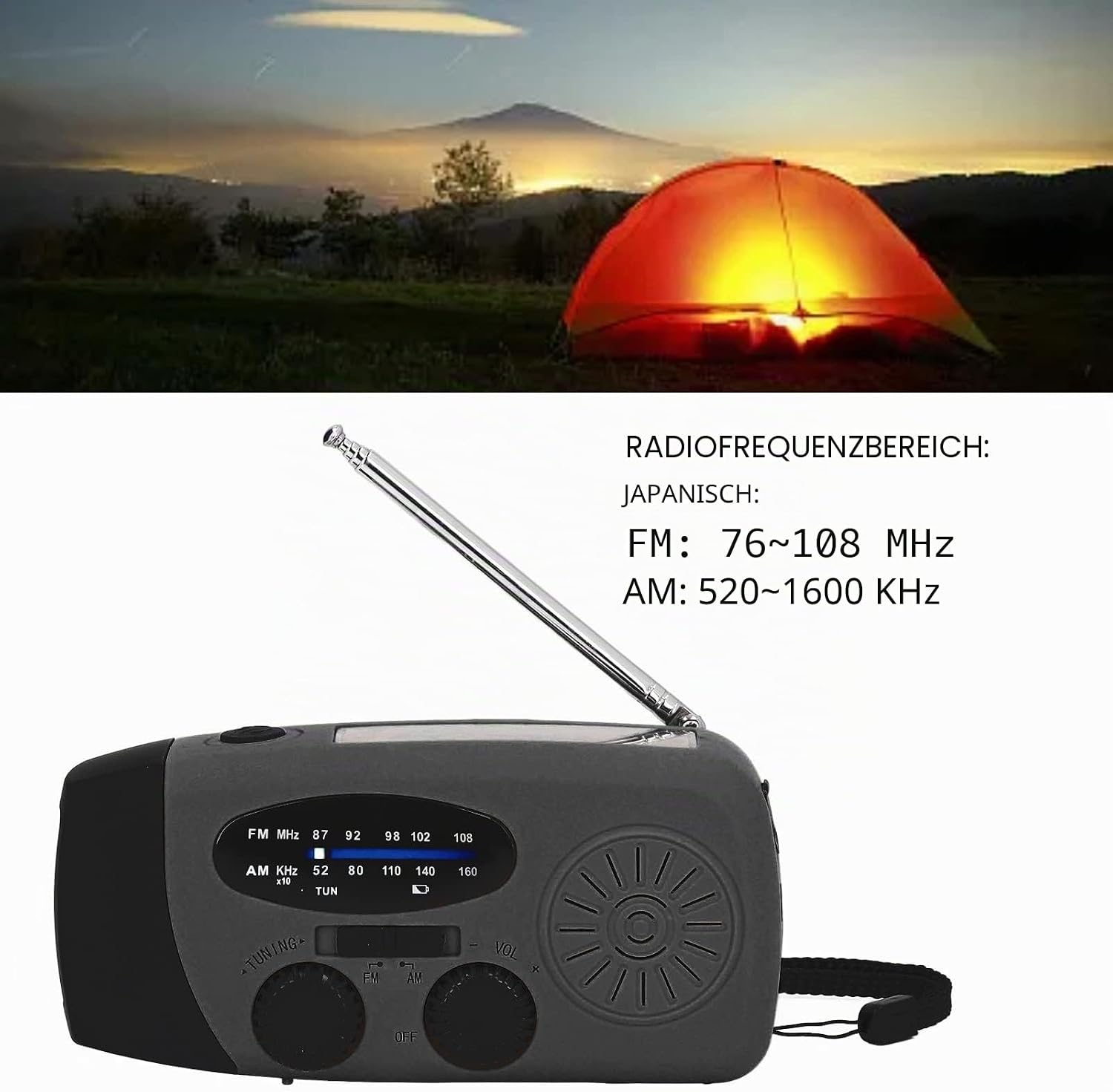 Ein graues Notfallradio mit Antenne, Lautsprecher und Frequenzskala, darüber eine Campingzelt-Szene bei Sonnenuntergang.