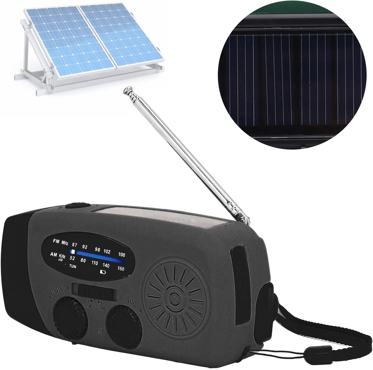 Graues Radio mit Antenne, Solarpanel und Lautsprecher auf weißem Hintergrund.