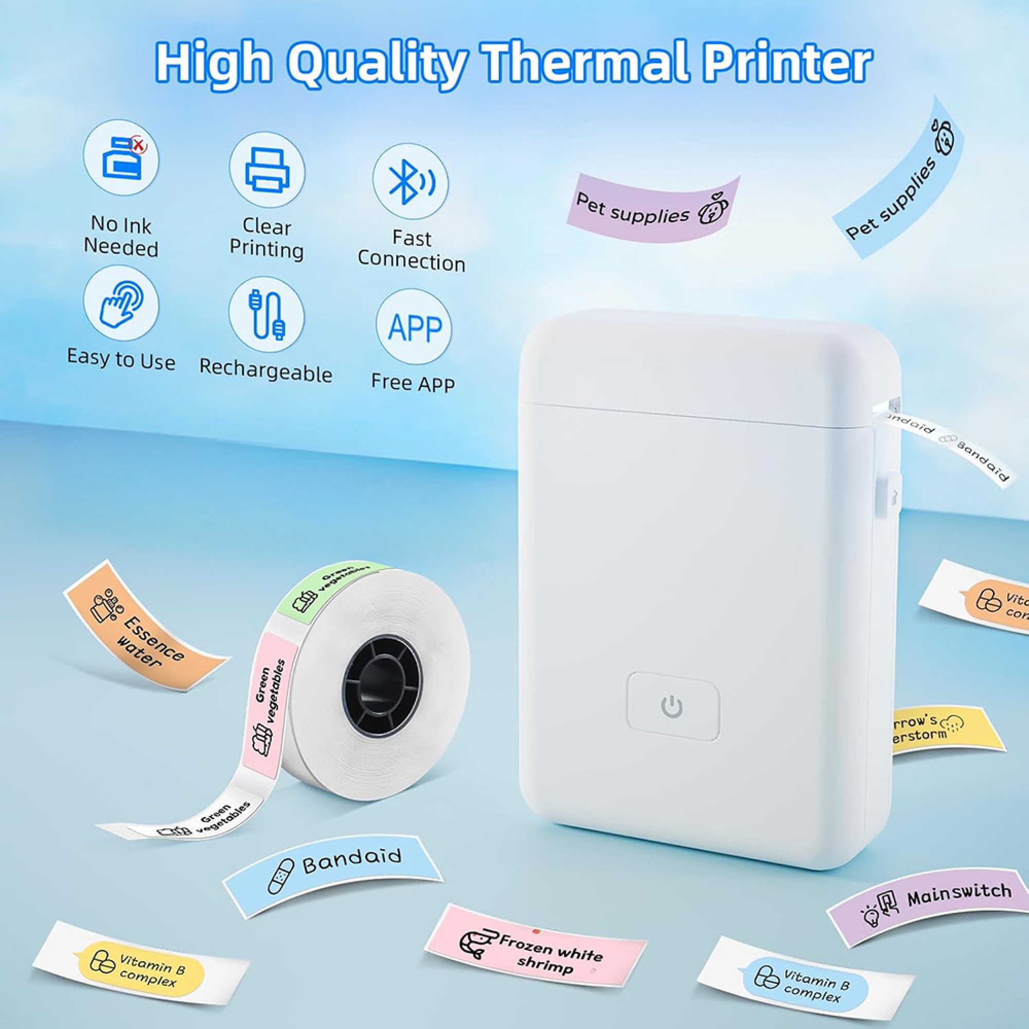 Ein weißer Thermodrucker mit Papierrolle und bunten Etiketten auf blauem Hintergrund.