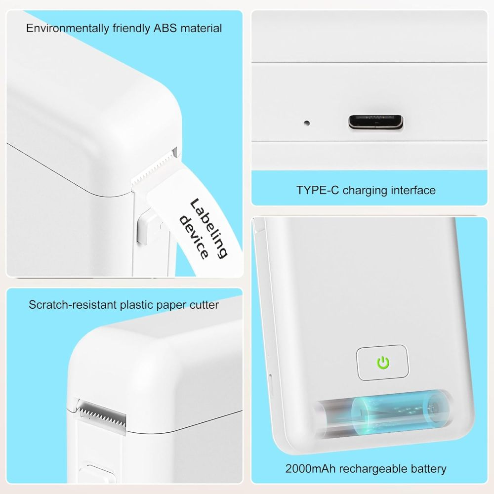 Vier Bilder zeigen Features eines weißen Etikettendruckers auf blauem Hintergrund: ABS-Material, USB-C, Schneider und Akku.