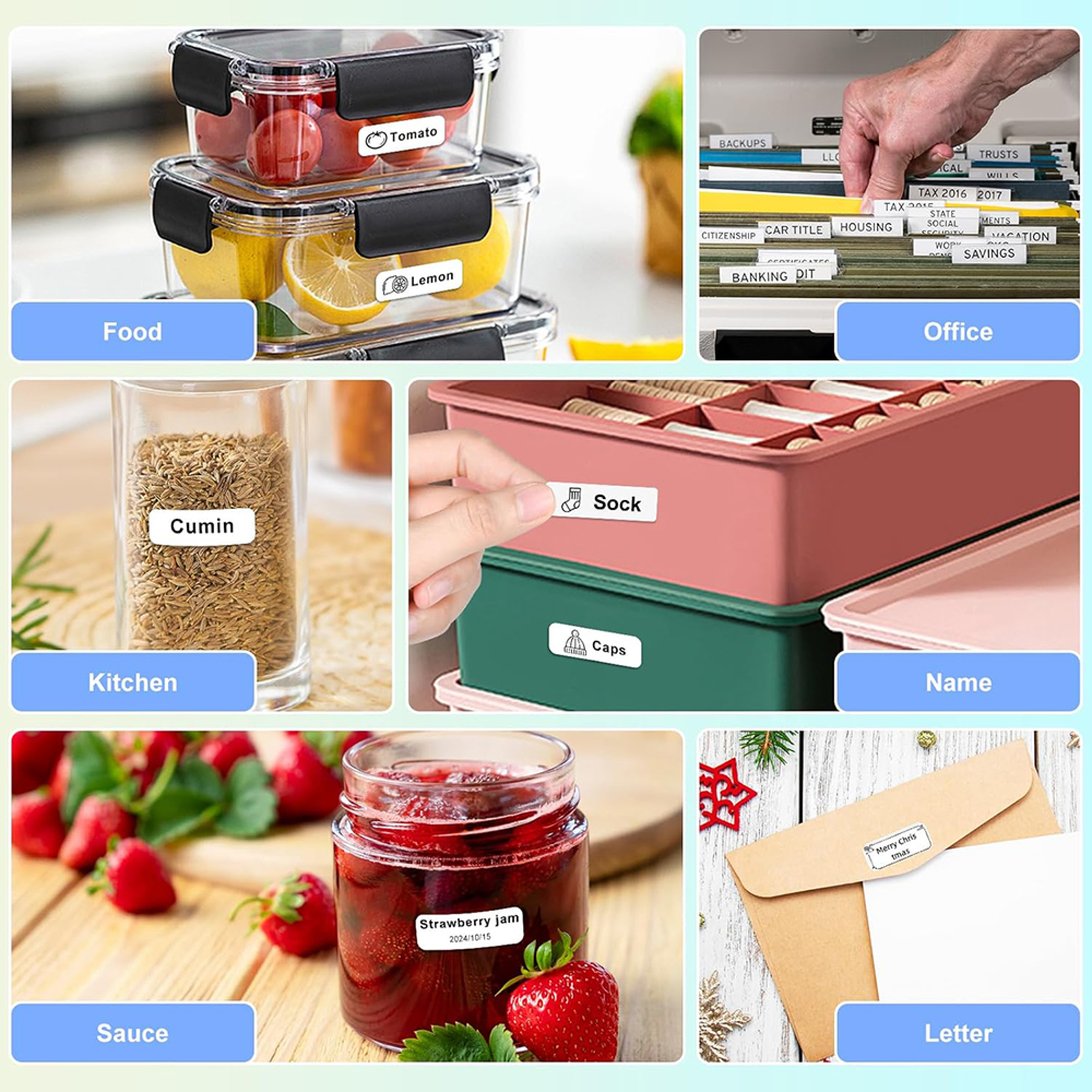 Eine Collage von geordneten Gegenständen mit Etiketten für Lebensmittel, Büro, Küche, Name, Soße und Brief.
