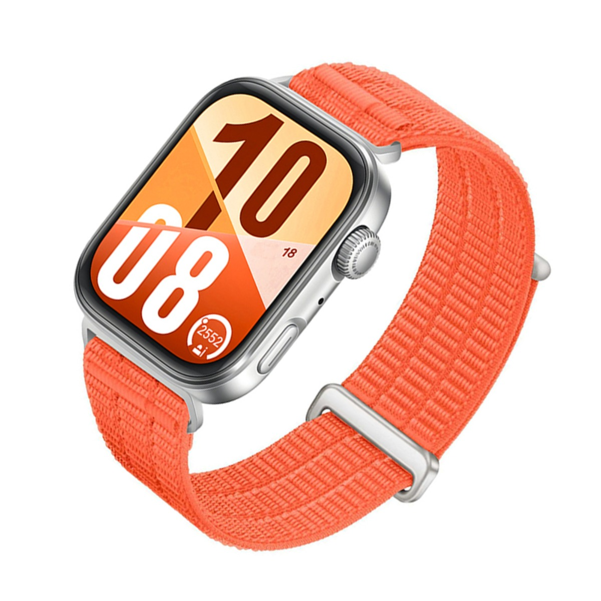 Eine Smartwatch mit silbernem Gehäuse und einem hellroten Textilarmband zeigt die Ziffern 10 und 08 auf dem Display.