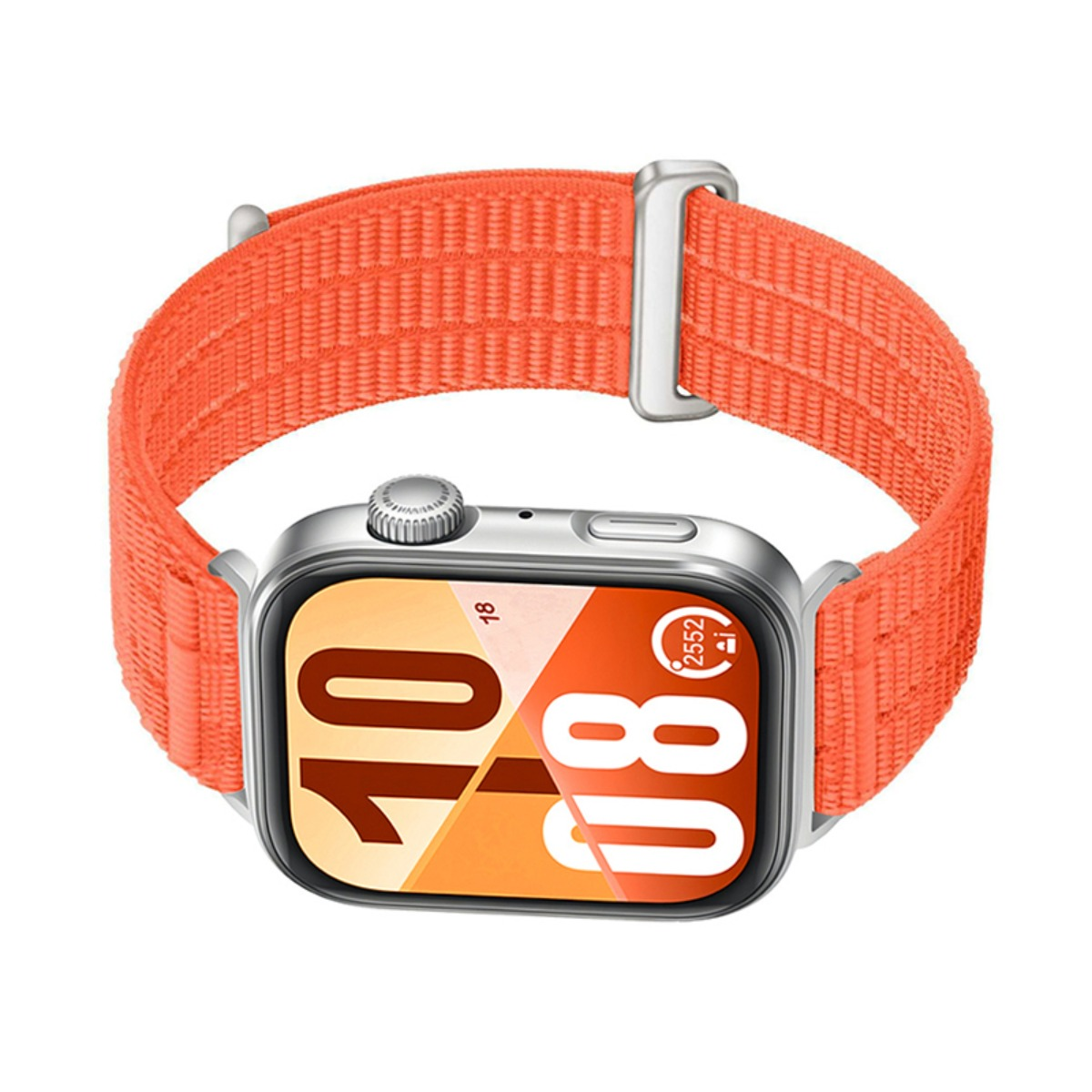 Eine Smartwatch mit silbernem Gehäuse und einem hellroten Textilarmband zeigt auf dem Display die Ziffern 10:08.