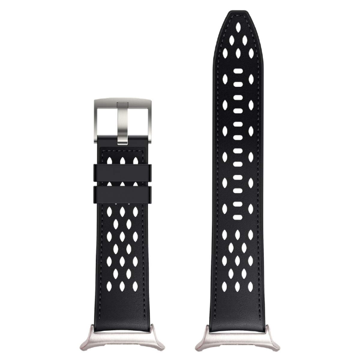 Ein schwarzes perforiertes Uhrenarmband aus Silikon mit einer silbernen Schließe auf wei&szlig;em Hintergrund.