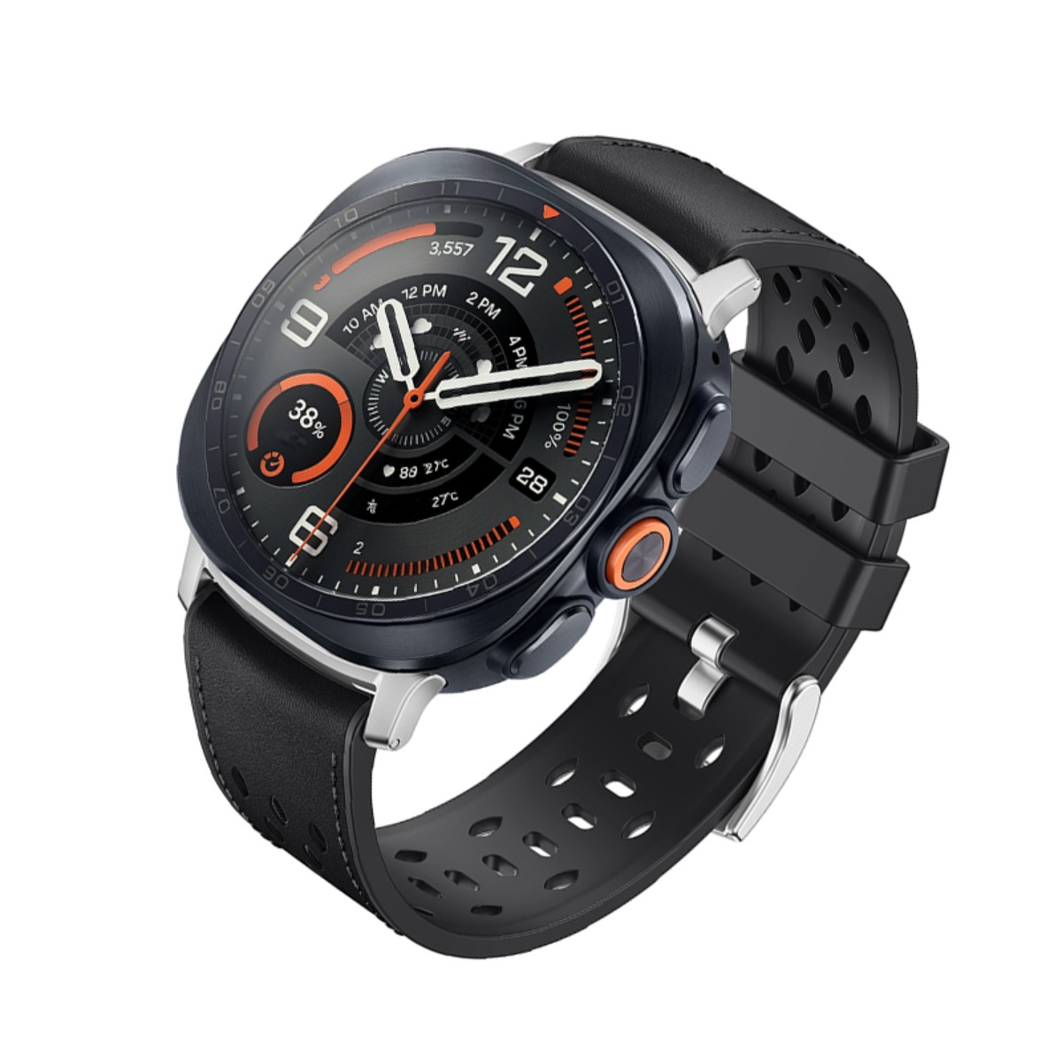 Eine schwarze Smartwatch mit rundem Display, orangefarbenen Akzenten und perforiertem Armband auf weißem Hintergrund.
