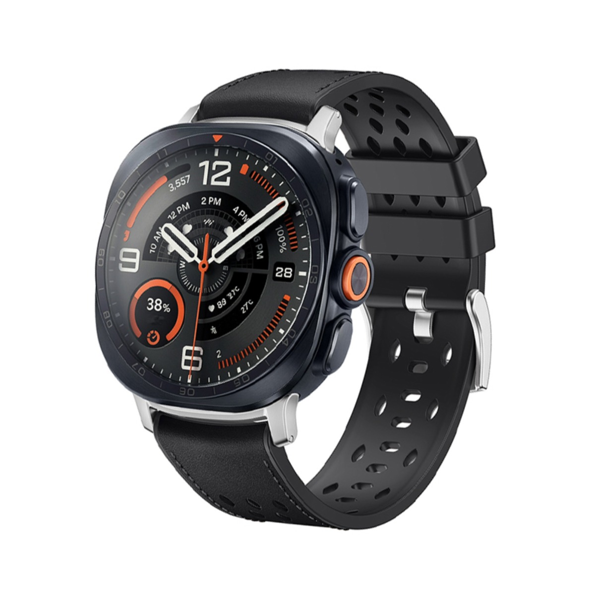Schwarze Smartwatch mit rundem Zifferblatt, orangersten Akzenten und perforiertem schwarzem Armband auf weißem Hintergrund.