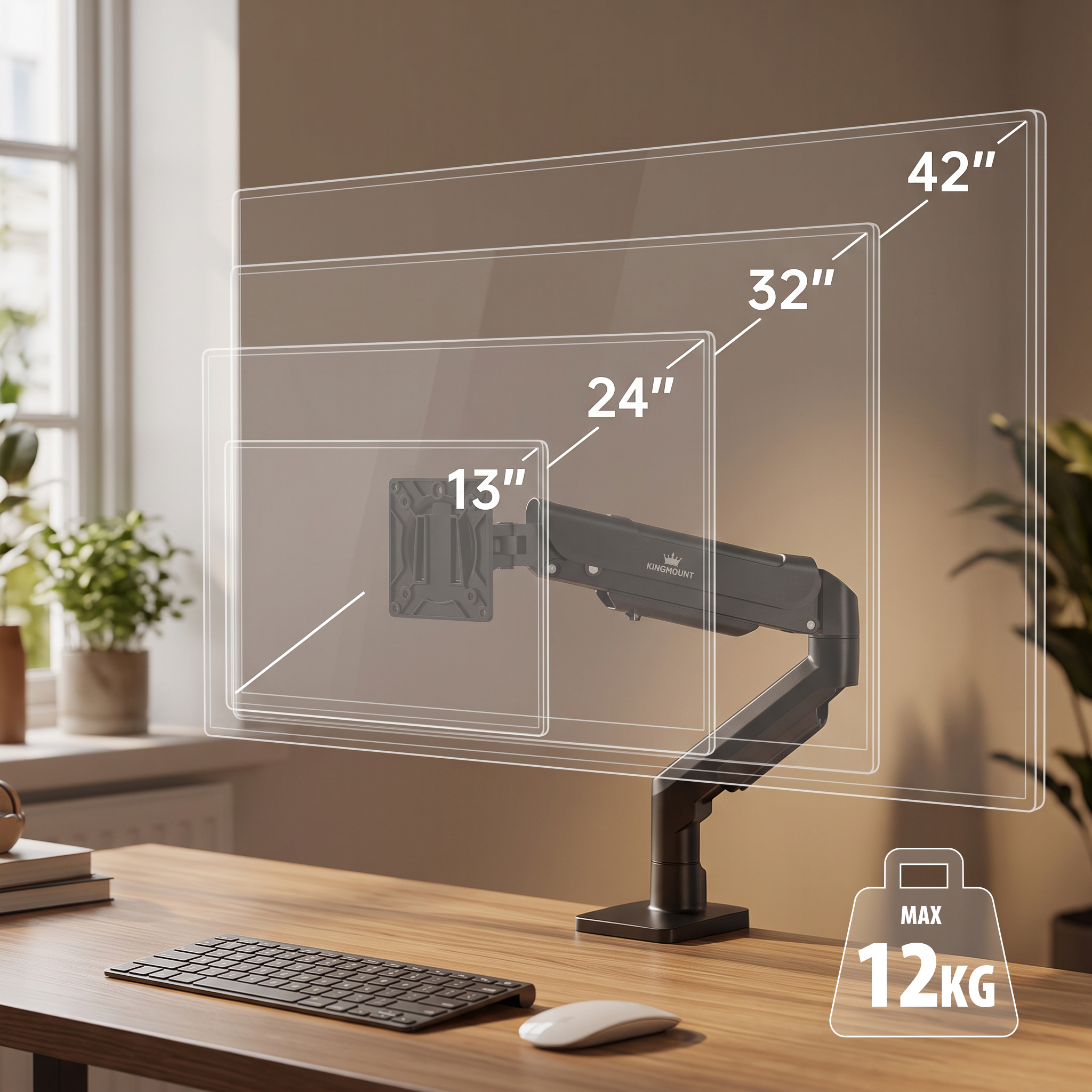 Czarne ramię do monitora na drewnianym biurku z obrysami rozmiarów od 13 do 42 cali i wagą maks. 12 kg.