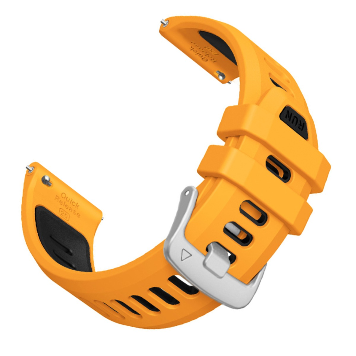 Ein leuchtend orangefarbenes Sportarmband aus Silikon mit silberner Schnalle und Belüftungsöffnungen vor weißem Hintergrund.