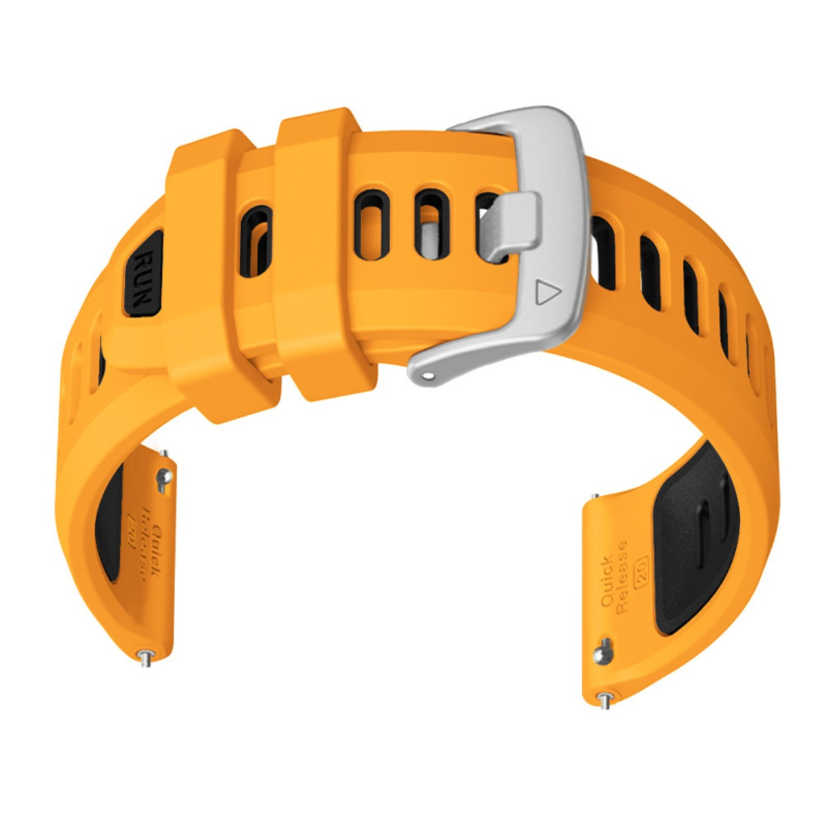 Ein orangefarbenes Silikon-Uhrenarmband mit silberner Schließe vor weißem Hintergrund.