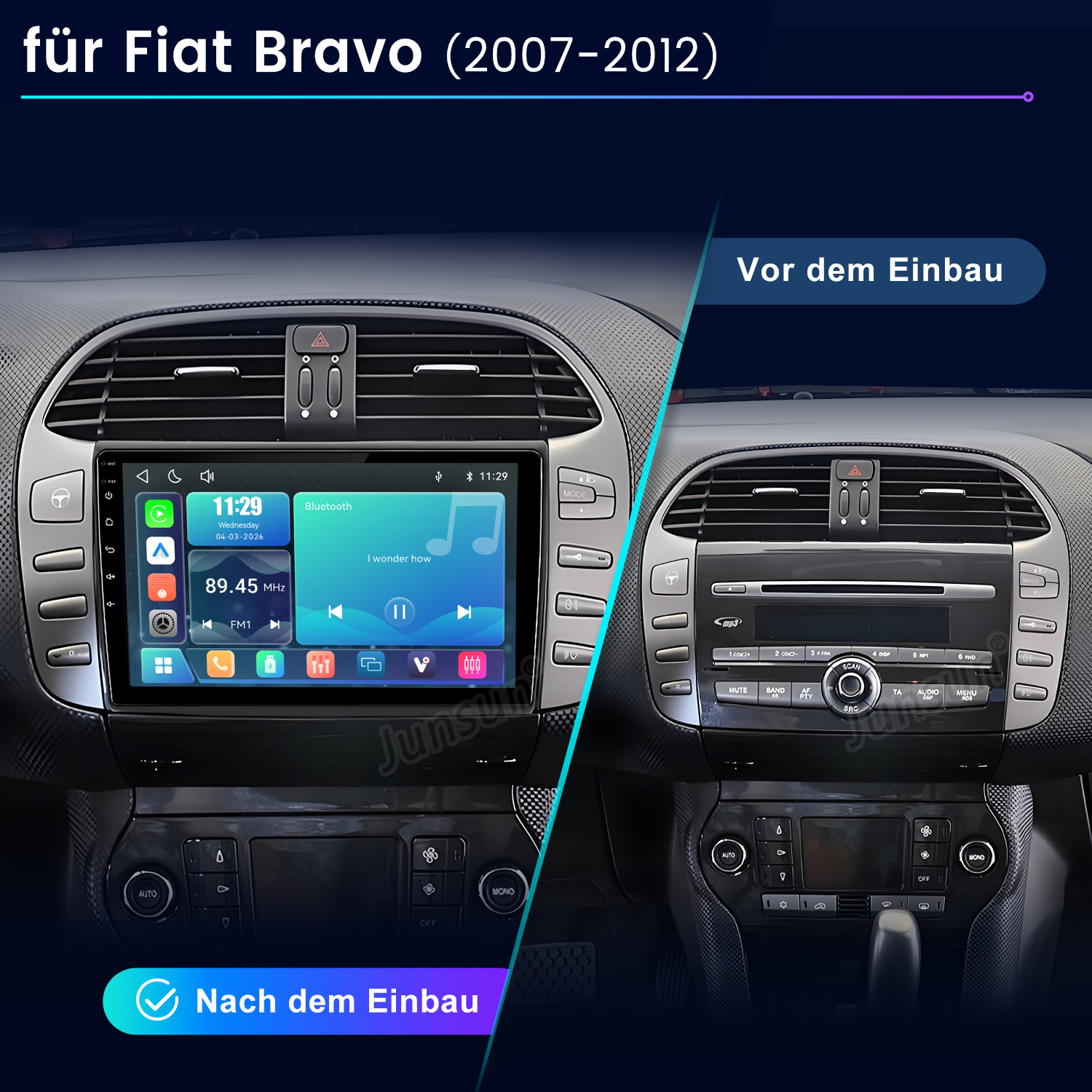 Vergleich der Fiat Bravo Mittelkonsole vor und nach dem Einbau eines Touchscreen-Multimediasystems.
